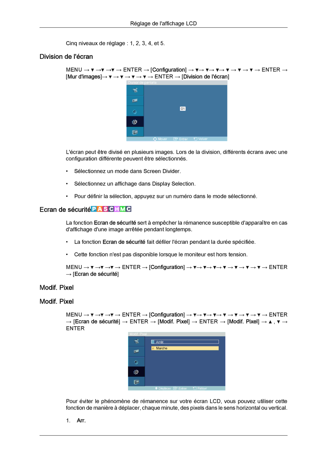 Samsung LH52BPPLBC/EN, LH52BPULBC/EN, LH52BPQLBC/EN, LH52BPTLBC/EN Division de lécran, Modif. Pixel, → Ecran de sécurité 