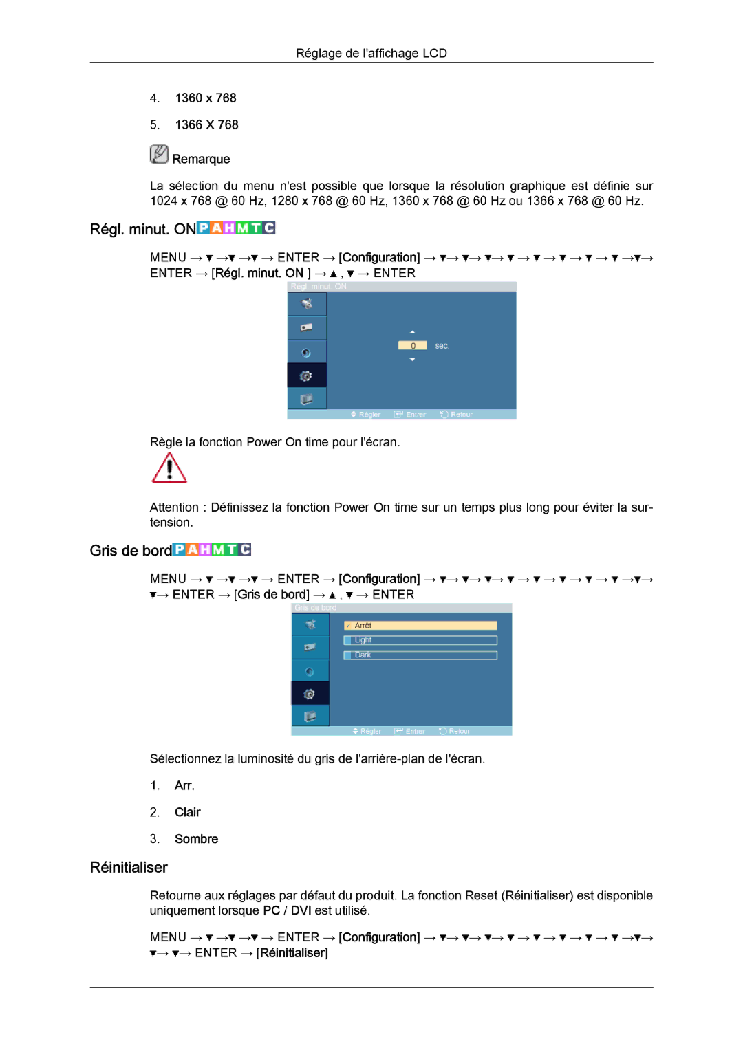 Samsung LH52BPULBC/EN manual Régl. minut. on, Gris de bord, Réinitialiser, 1360 x 1366 X Remarque, Arr Clair Sombre 