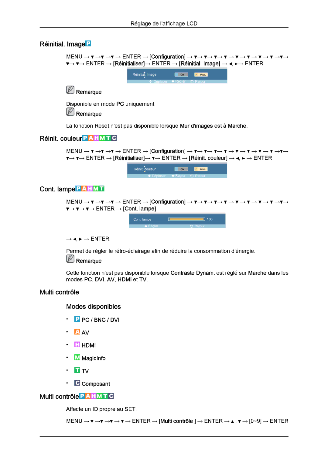 Samsung LH52BPQLBC/EN, LH52BPULBC/EN manual Réinitial. Image, Réinit. couleur, Cont. lampe, Multi contrôle Modes disponibles 