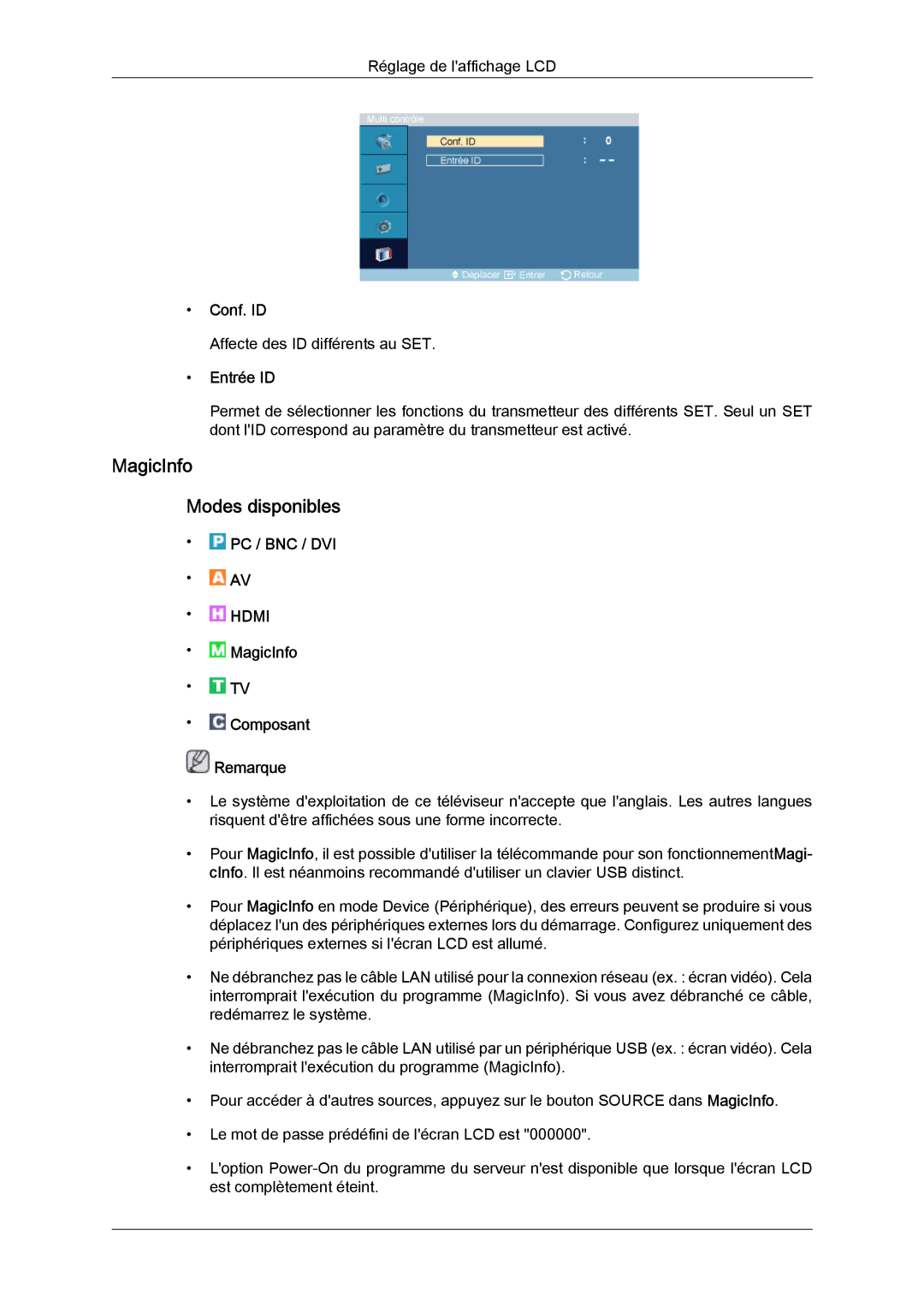 Samsung LH52BPTLBC/EN, LH52BPULBC/EN, LH52BPQLBC/EN, LH52BPPLBC/EN manual MagicInfo Modes disponibles, Conf. ID, Entrée ID 