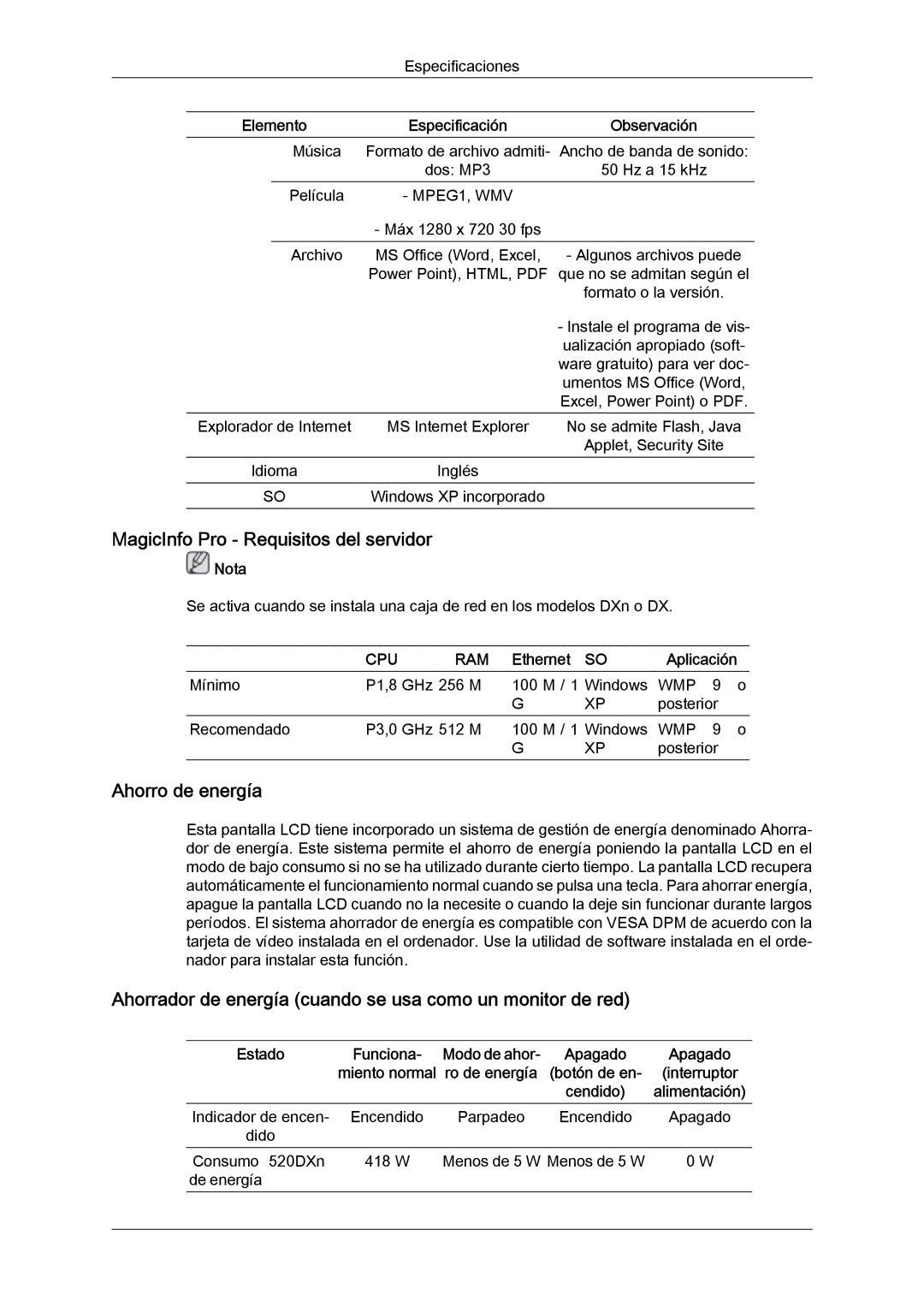 Samsung LH52BPPLBC/EN, LH52BPULBC/EN, LH52BPQLBC/EN manual MagicInfo Pro Requisitos del servidor, Ahorro de energía, Ethernet 