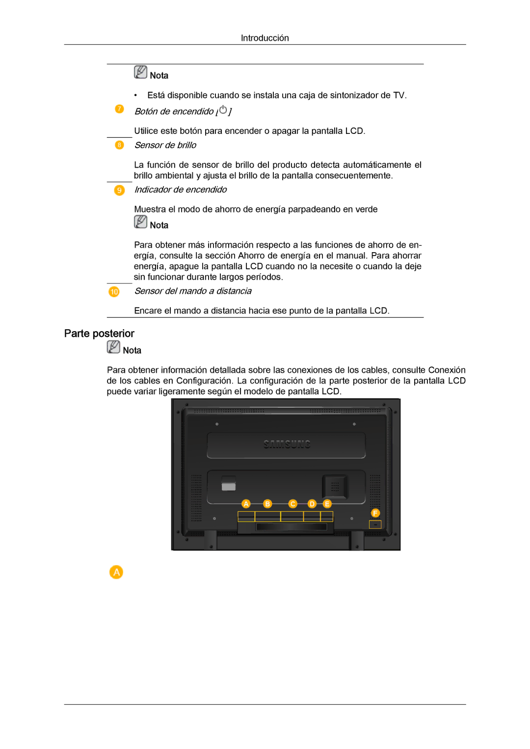 Samsung LH52BPQLBC/EN, LH52BPULBC/EN, LH52BPTLBC/EN, LH52BPPLBC/EN manual Parte posterior, Sensor de brillo 