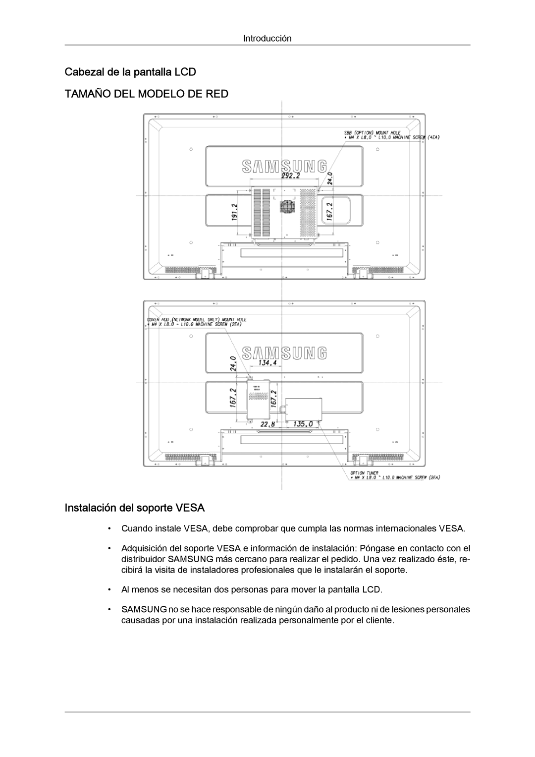 Samsung LH52BPQLBC/EN, LH52BPULBC/EN, LH52BPTLBC/EN, LH52BPPLBC/EN Cabezal de la pantalla LCD, Instalación del soporte Vesa 