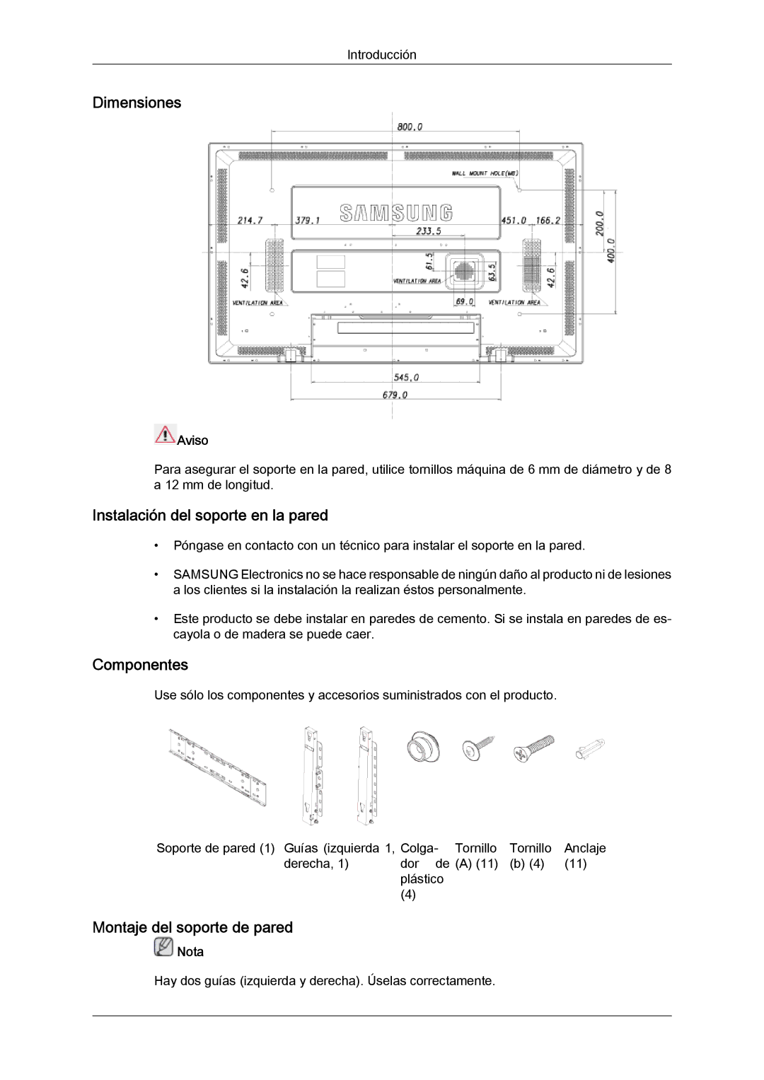 Samsung LH52BPTLBC/EN Dimensiones, Instalación del soporte en la pared, Componentes, Montaje del soporte de pared, Aviso 