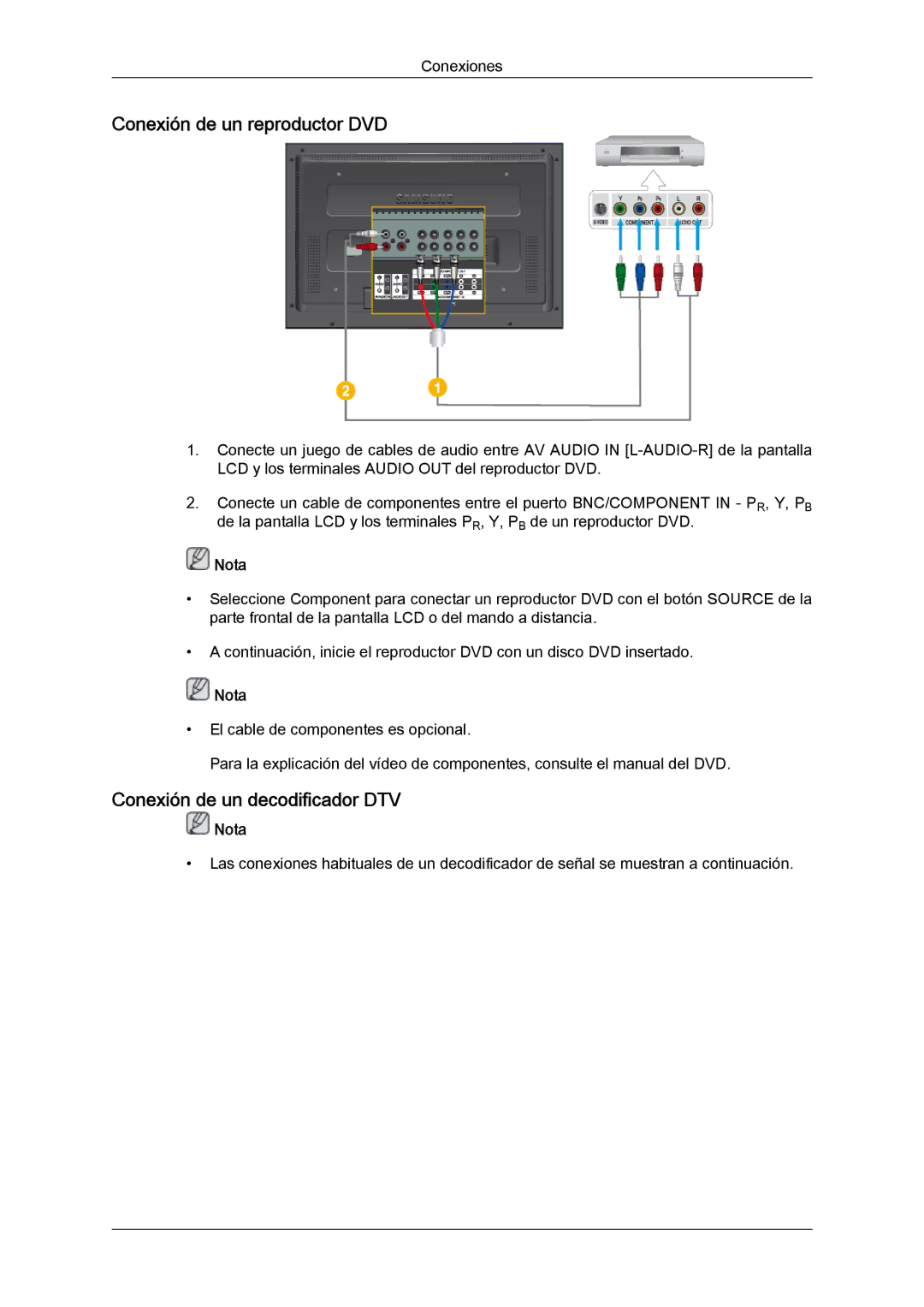 Samsung LH52BPTLBC/EN, LH52BPULBC/EN, LH52BPQLBC/EN manual Conexión de un reproductor DVD, Conexión de un decodificador DTV 