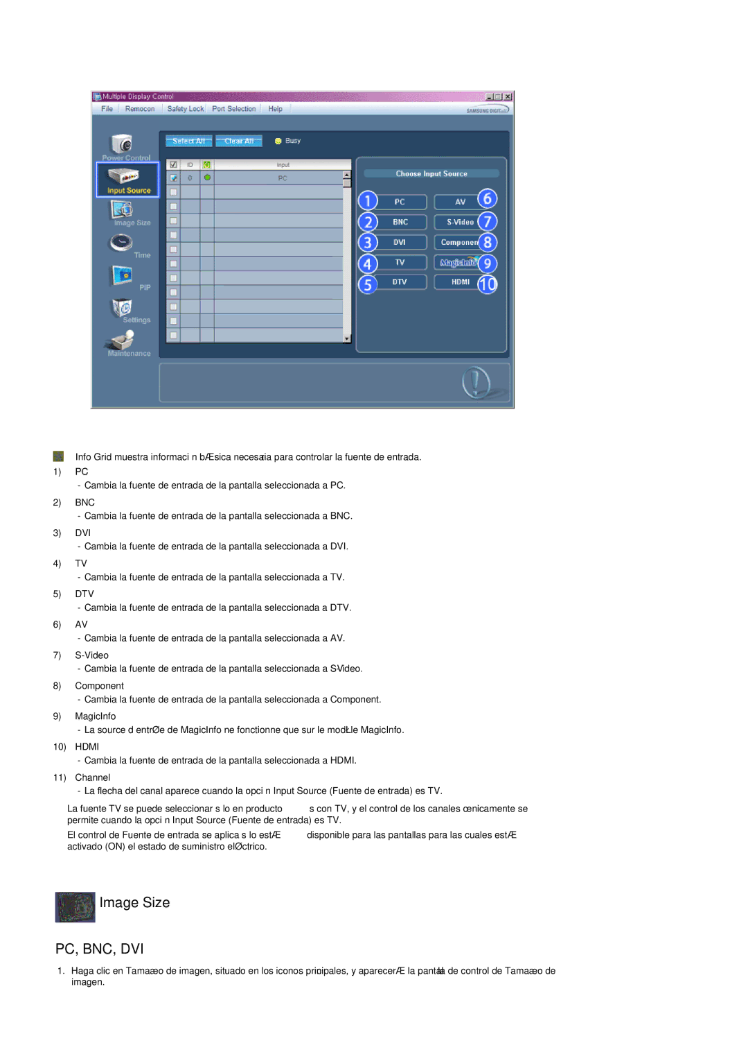 Samsung LH52BPULBC/EN, LH52BPQLBC/EN, LH52BPTLBC/EN, LH52BPPLBC/EN manual Image Size, Pc, Bnc, Dvi 