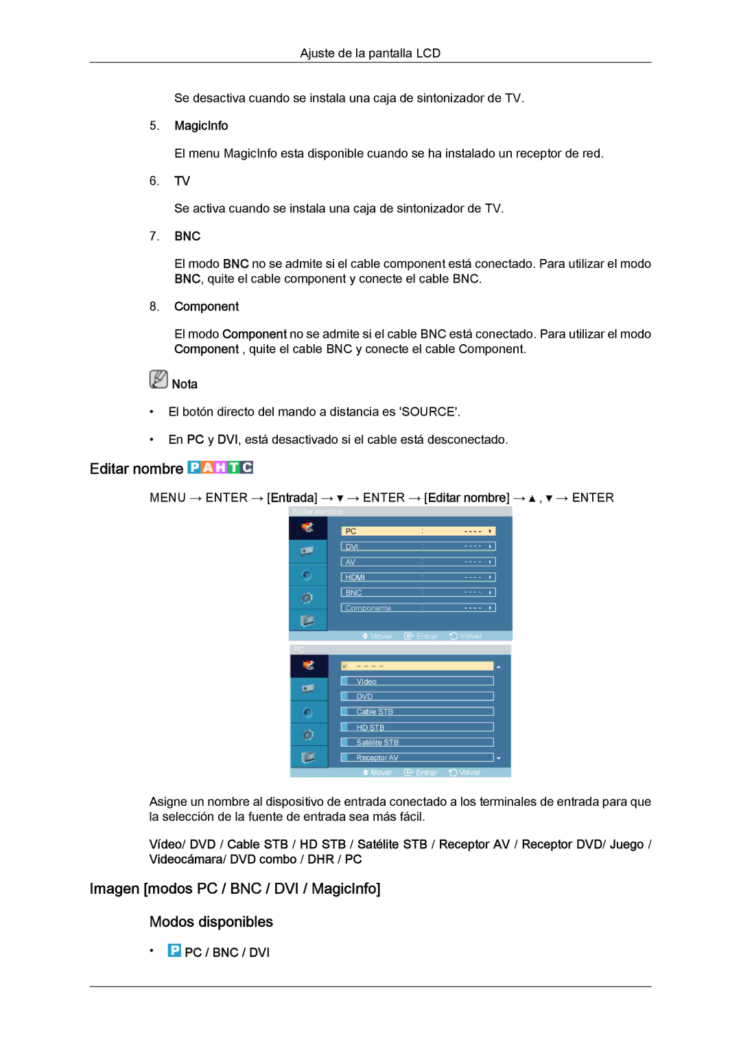 Samsung LH52BPPLBC/EN manual Editar nombre, Imagen modos PC / BNC / DVI / MagicInfo Modos disponibles, Bnc, Component 