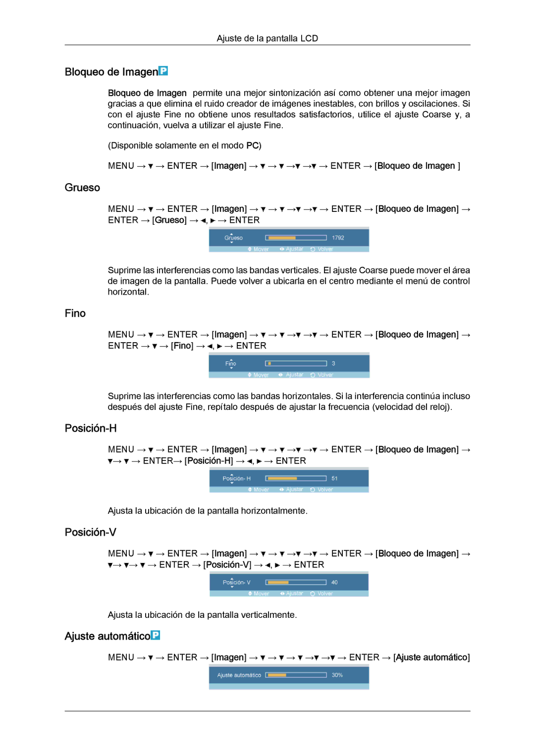 Samsung LH52BPPLBC/EN, LH52BPULBC/EN manual Bloqueo de Imagen, Grueso, Fino, Posición-H, Posición-V, Ajuste automático 