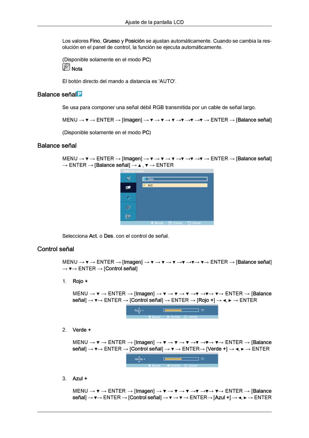 Samsung LH52BPULBC/EN, LH52BPQLBC/EN, LH52BPTLBC/EN Balance señal, → → Enter → Control señal Rojo +, Verde +, Azul + 