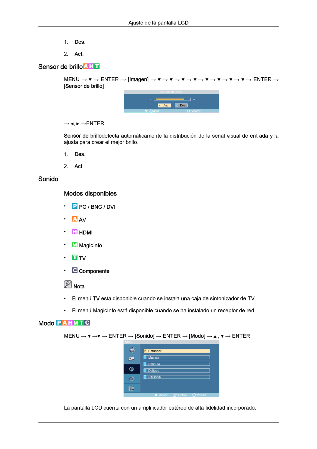 Samsung LH52BPPLBC/EN, LH52BPULBC/EN, LH52BPQLBC/EN, LH52BPTLBC/EN manual Sensor de brillo, Sonido Modos disponibles 