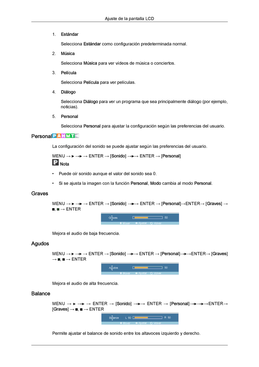 Samsung LH52BPULBC/EN, LH52BPQLBC/EN, LH52BPTLBC/EN, LH52BPPLBC/EN manual Graves, Agudos, Balance 