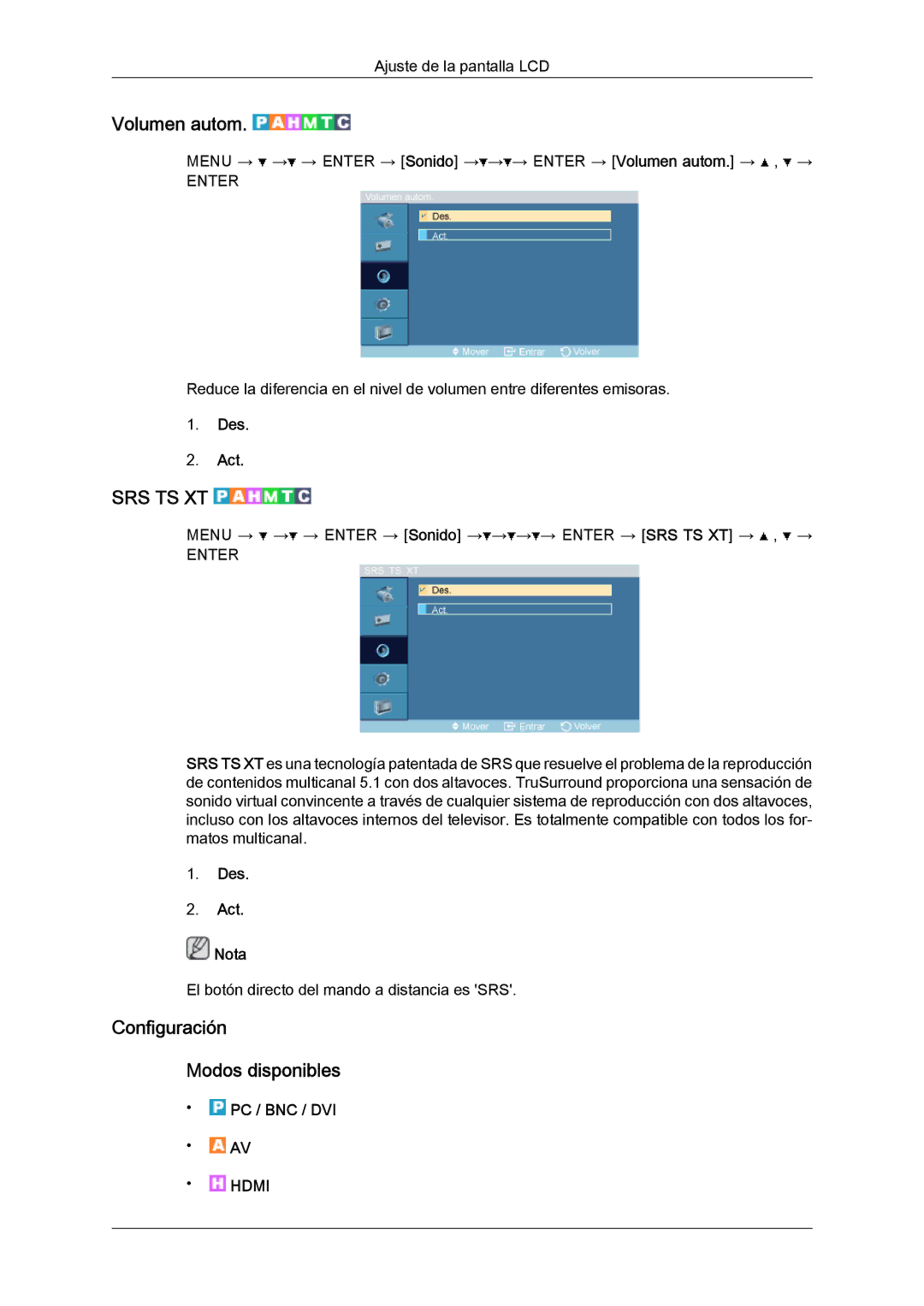 Samsung LH52BPQLBC/EN, LH52BPULBC/EN, LH52BPTLBC/EN manual Volumen autom, Configuración Modos disponibles, Des Act Nota 