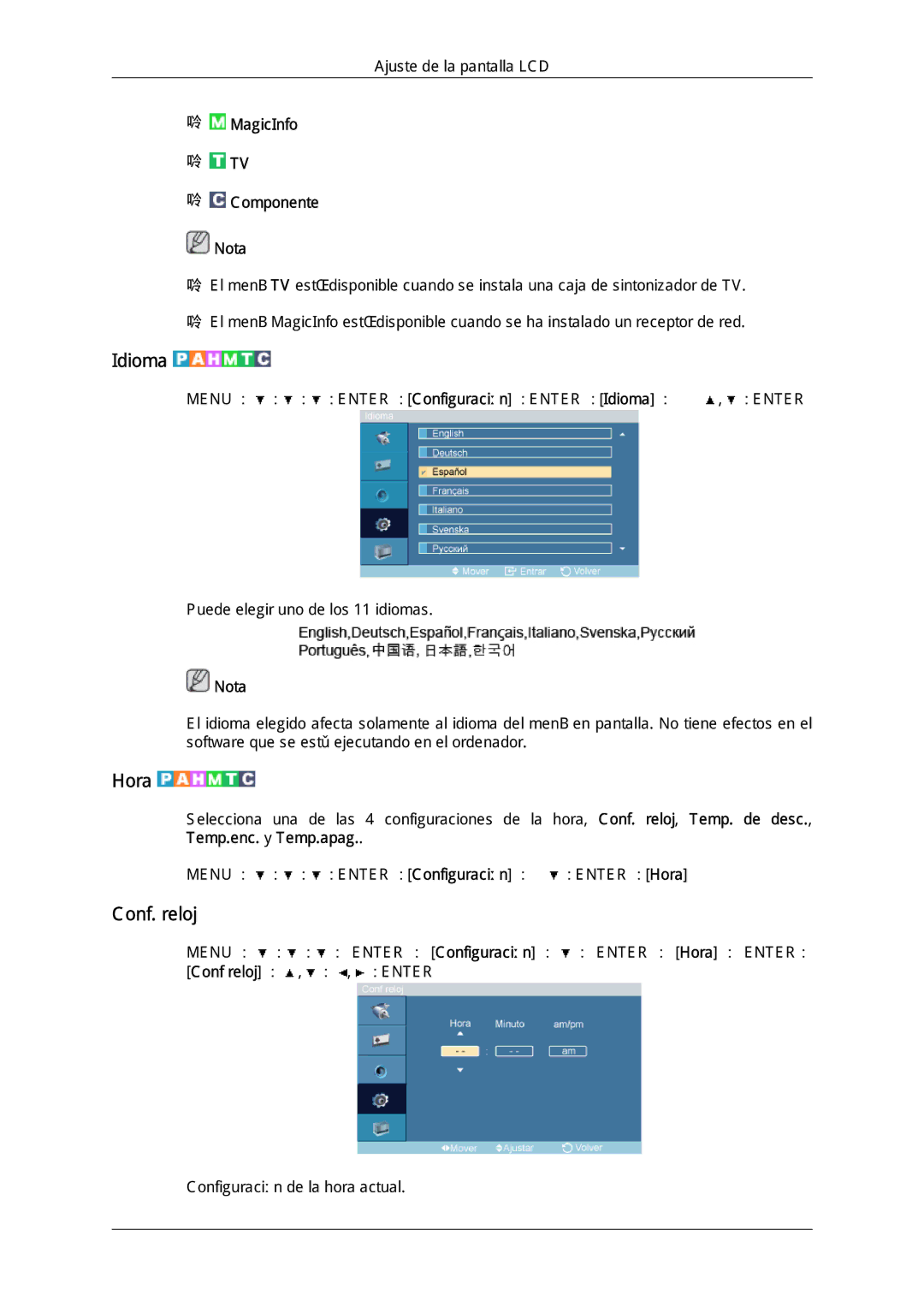 Samsung LH52BPTLBC/EN, LH52BPULBC/EN, LH52BPQLBC/EN, LH52BPPLBC/EN manual Idioma, Hora, Conf. reloj 