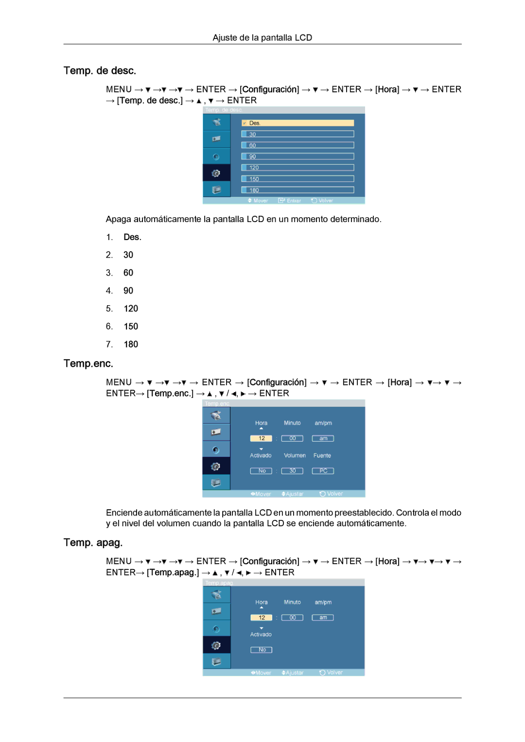 Samsung LH52BPPLBC/EN, LH52BPULBC/EN, LH52BPQLBC/EN manual Temp.enc, Temp. apag, → Temp. de desc. → , → Enter, Des 