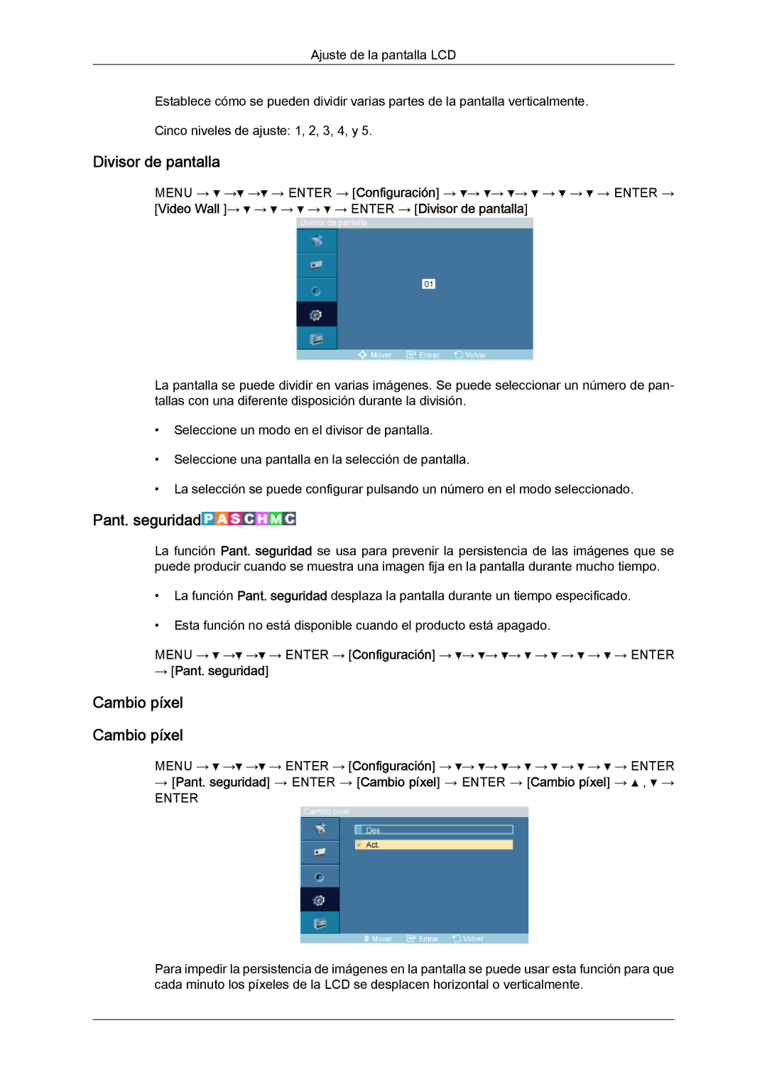 Samsung LH52BPPLBC/EN, LH52BPULBC/EN, LH52BPQLBC/EN, LH52BPTLBC/EN Divisor de pantalla, Cambio píxel, → Pant. seguridad 