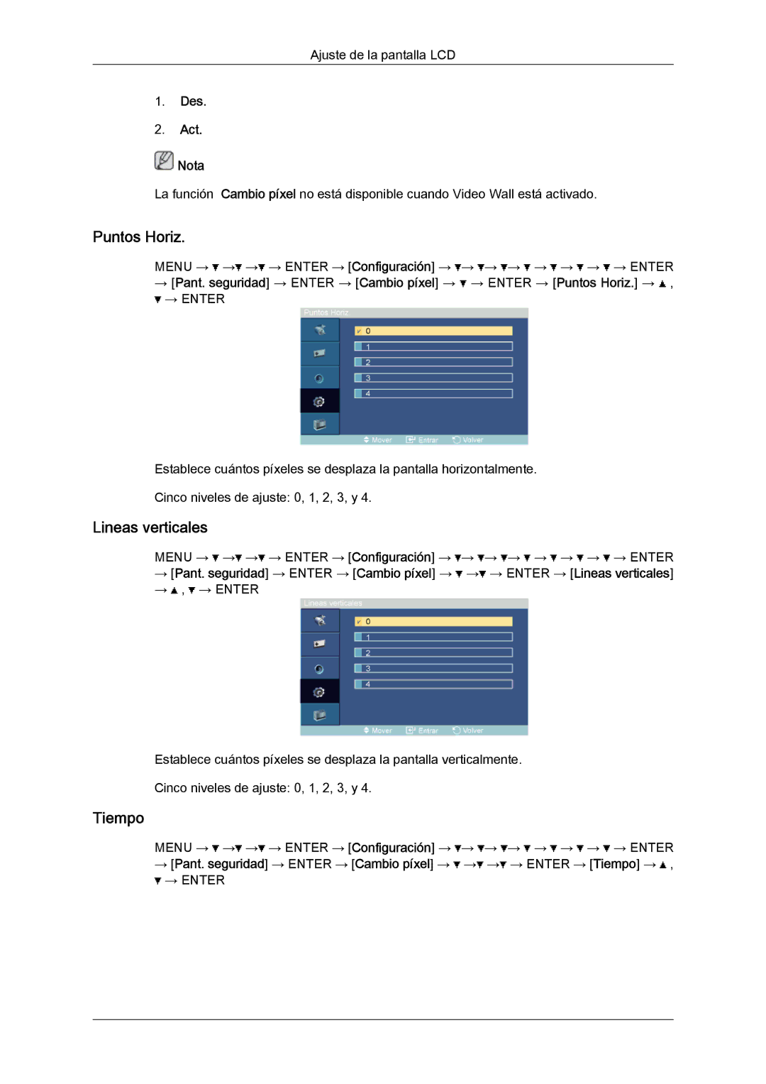 Samsung LH52BPULBC/EN, LH52BPQLBC/EN, LH52BPTLBC/EN, LH52BPPLBC/EN manual Puntos Horiz, Lineas verticales, Tiempo 