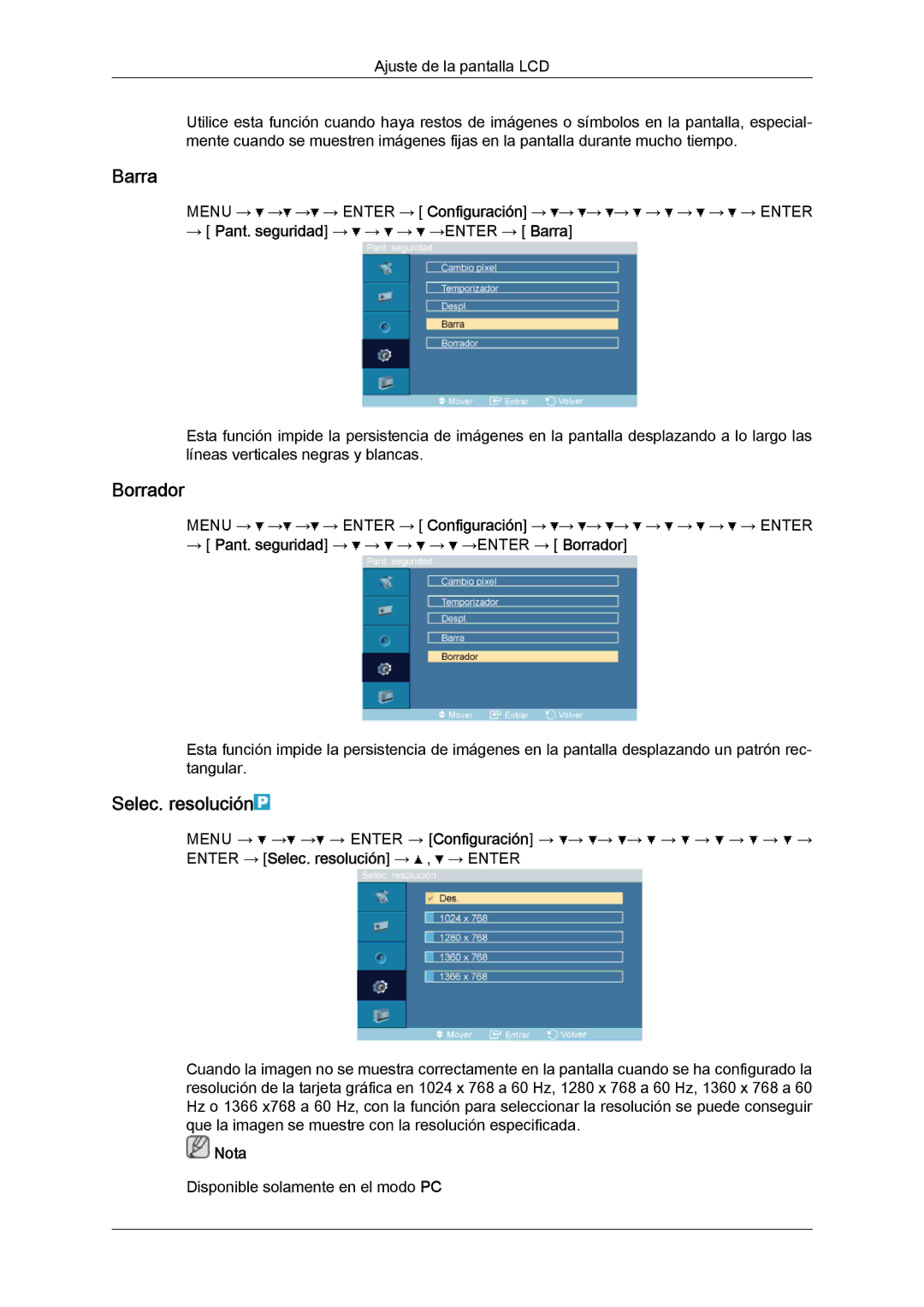 Samsung LH52BPPLBC/EN, LH52BPULBC/EN, LH52BPQLBC/EN Borrador, Selec. resolución, → Pant. seguridad → → → →ENTER → Barra 