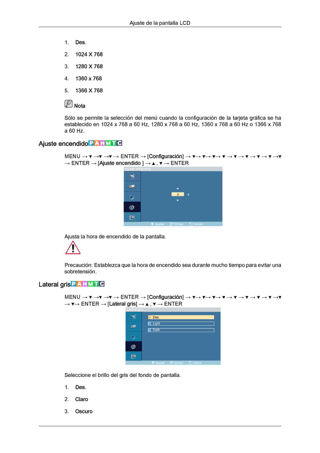 Samsung LH52BPULBC/EN manual Ajuste encendido, Lateral gris, Des 1024 X 1280 X 1360 x 1366 X Nota, Des Claro Oscuro 