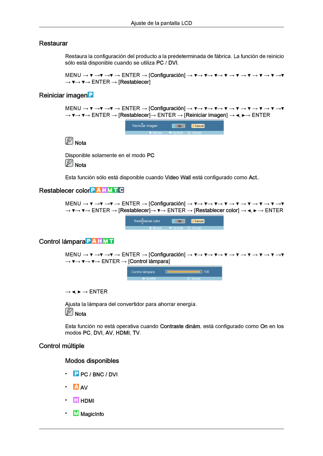 Samsung LH52BPQLBC/EN Restaurar, Reiniciar imagen, Restablecer color, Control lámpara, Control múltiple Modos disponibles 