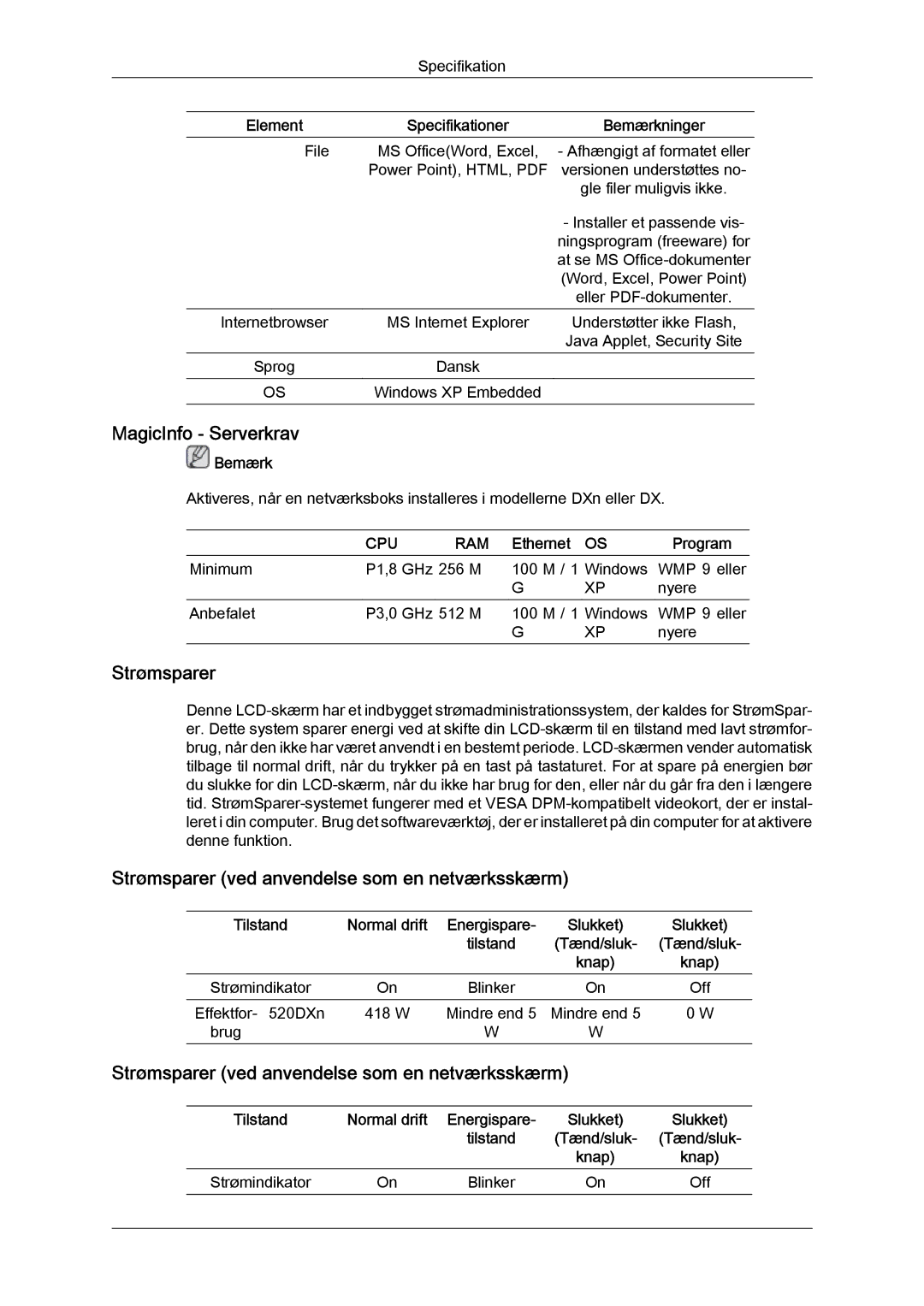 Samsung LH52BPTLBC/EN manual MagicInfo Serverkrav, Strømsparer ved anvendelse som en netværksskærm, Ethernet Program 