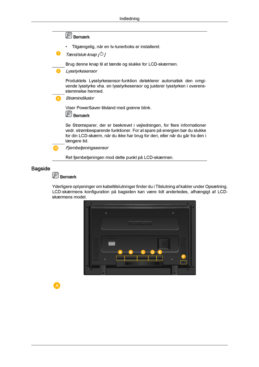 Samsung LH52BPQLBC/EN, LH52BPULBC/EN, LH52BPTLBC/EN, LH52BPPLBC/EN manual Bagside, Lysstyrkesensor 