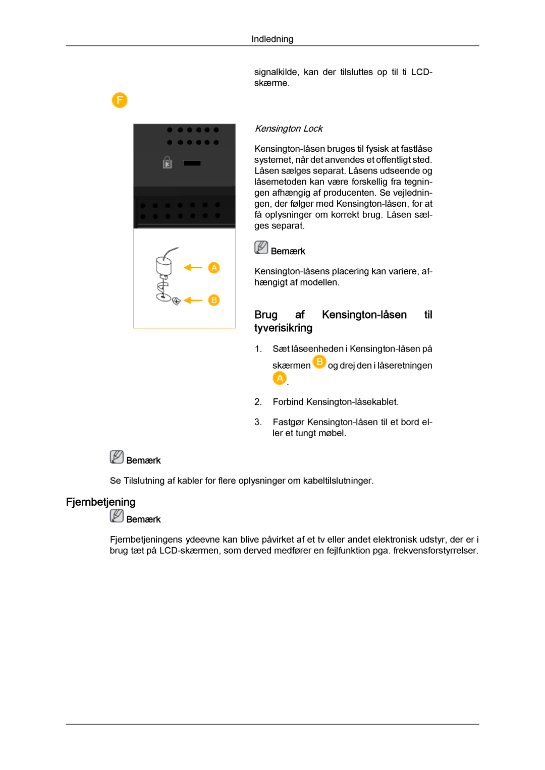 Samsung LH52BPULBC/EN, LH52BPQLBC/EN, LH52BPTLBC/EN manual Brug af Kensington-låsen til tyverisikring, Fjernbetjening 