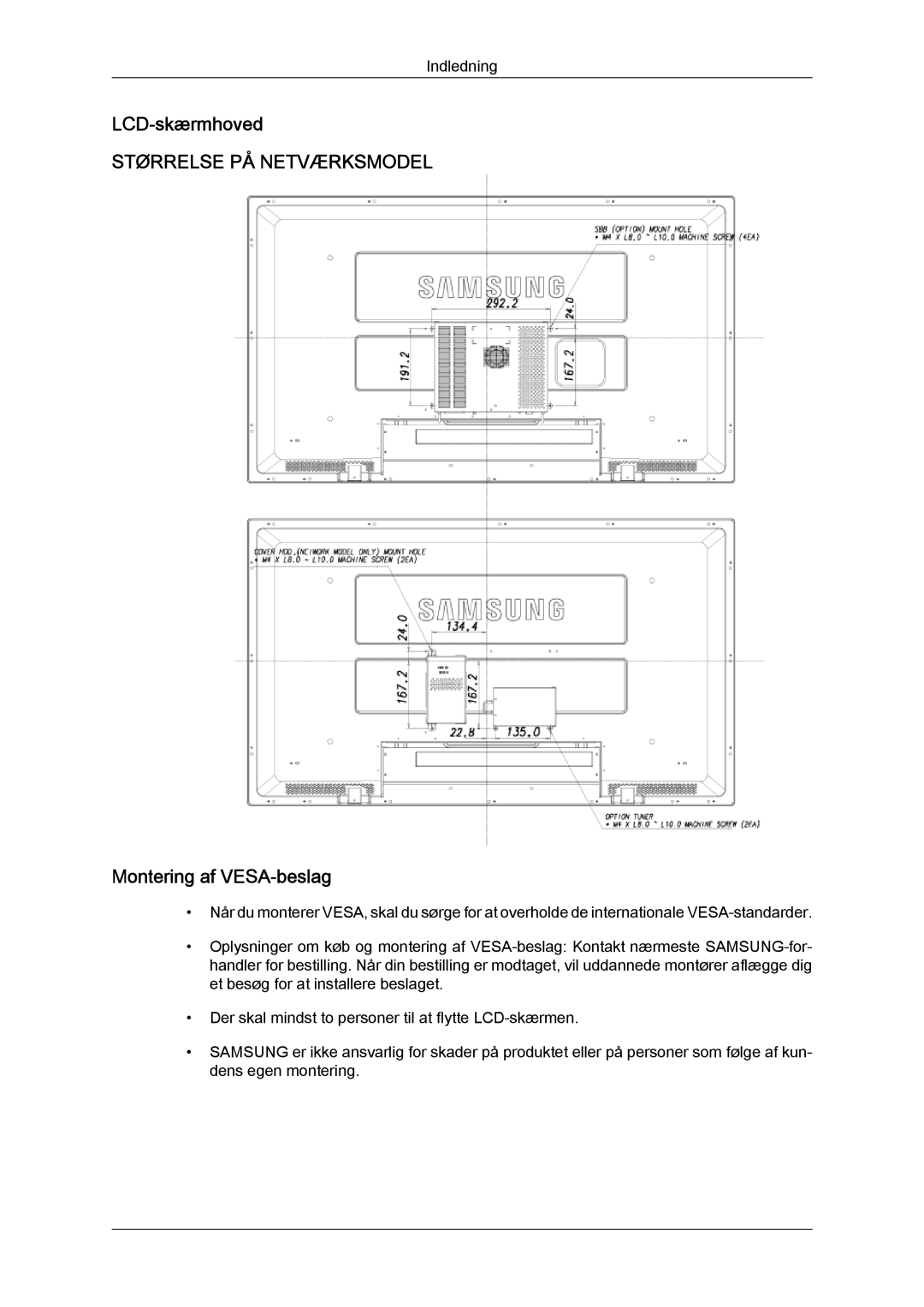 Samsung LH52BPQLBC/EN, LH52BPULBC/EN, LH52BPTLBC/EN, LH52BPPLBC/EN manual LCD-skærmhoved, Montering af VESA-beslag 