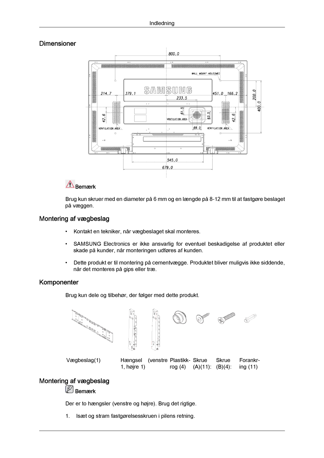 Samsung LH52BPTLBC/EN, LH52BPULBC/EN, LH52BPQLBC/EN, LH52BPPLBC/EN manual Dimensioner, Montering af vægbeslag, Komponenter 