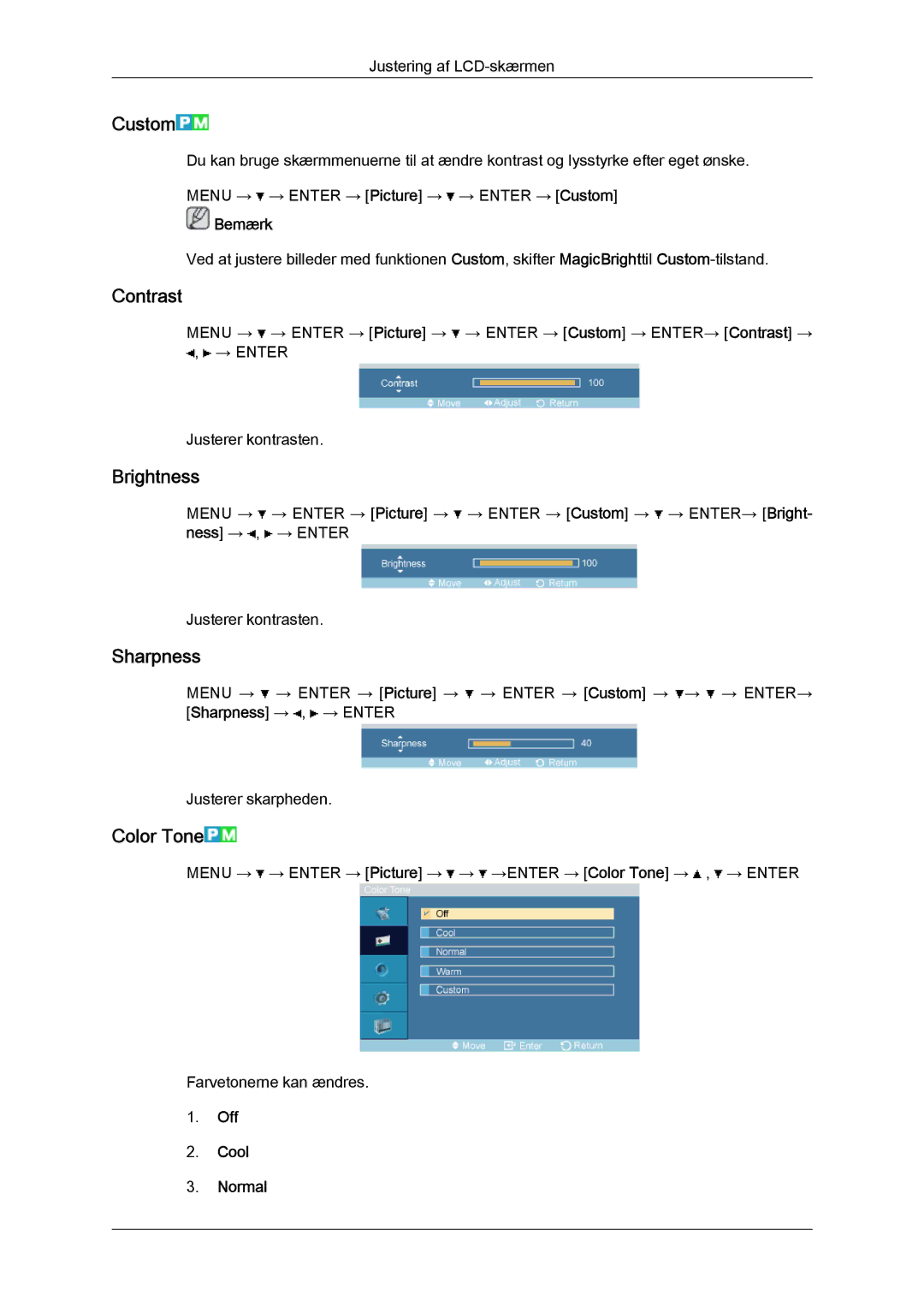 Samsung LH52BPQLBC/EN, LH52BPULBC/EN, LH52BPTLBC/EN, LH52BPPLBC/EN manual Custom, Contrast, Brightness, Sharpness, Color Tone 