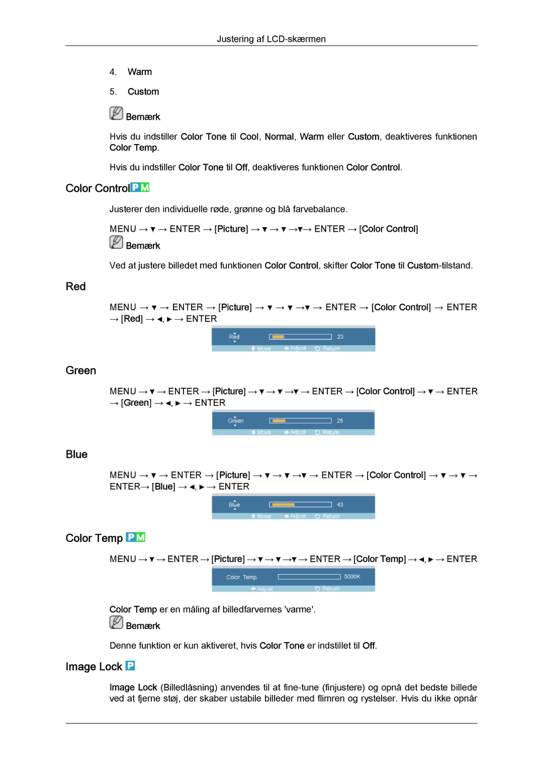 Samsung LH52BPTLBC/EN, LH52BPULBC/EN, LH52BPQLBC/EN, LH52BPPLBC/EN Color Control, Red, Green, Blue, Color Temp, Image Lock 