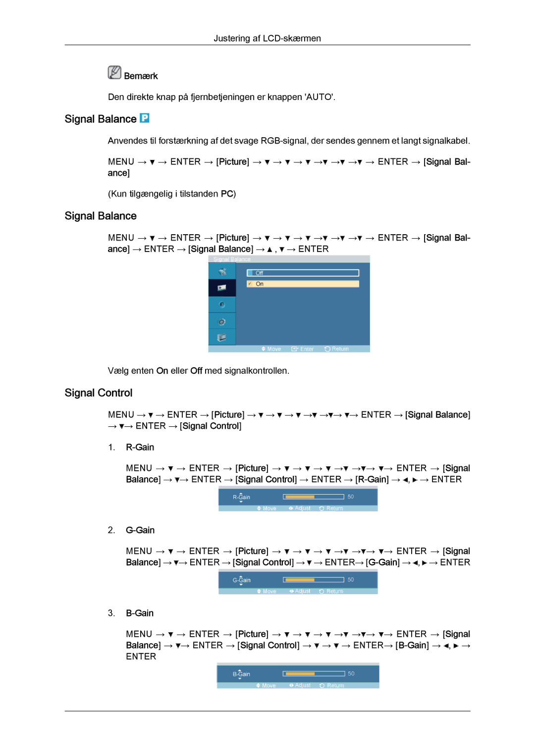 Samsung LH52BPULBC/EN, LH52BPQLBC/EN, LH52BPTLBC/EN, LH52BPPLBC/EN manual Signal Balance, → → Enter → Signal Control Gain 