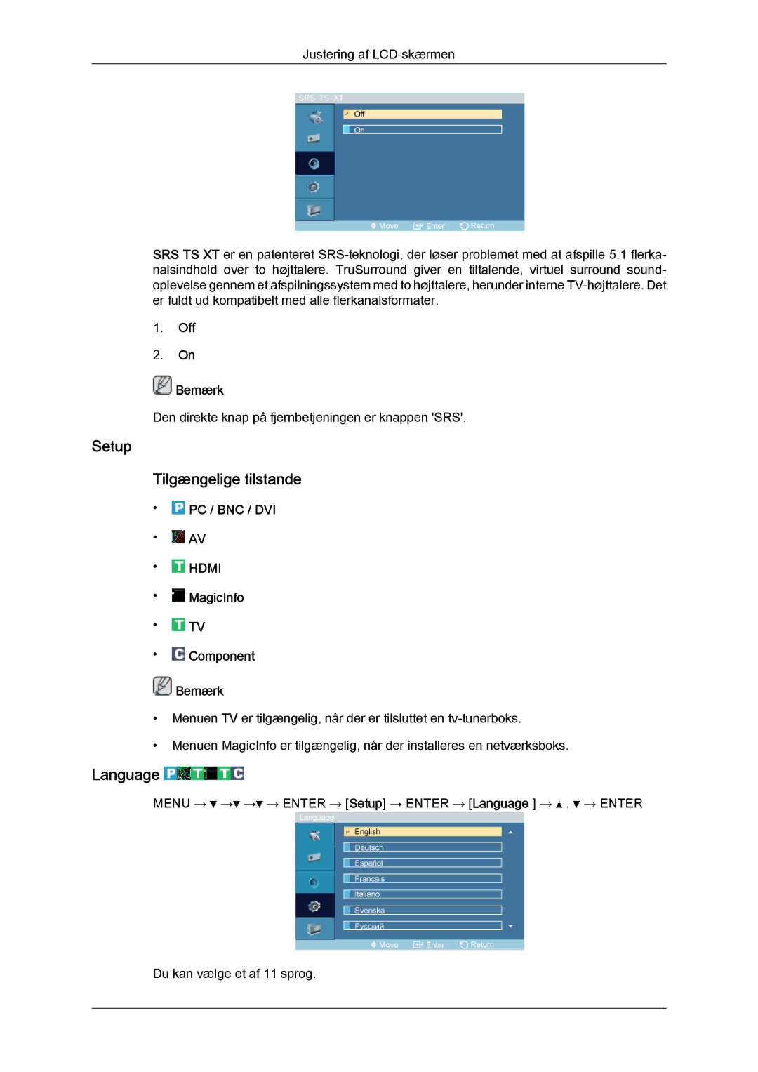 Samsung LH52BPQLBC/EN, LH52BPULBC/EN, LH52BPTLBC/EN, LH52BPPLBC/EN manual Setup Tilgængelige tilstande, Language, Off Bemærk 