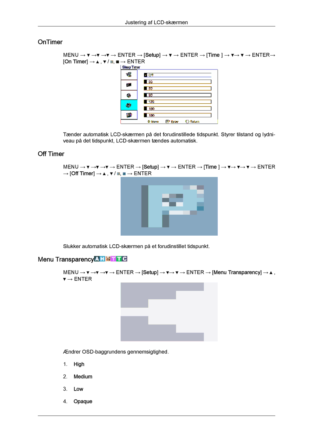 Samsung LH52BPPLBC/EN, LH52BPULBC/EN, LH52BPQLBC/EN manual OnTimer, Off Timer, Menu Transparency, High Medium Low Opaque 