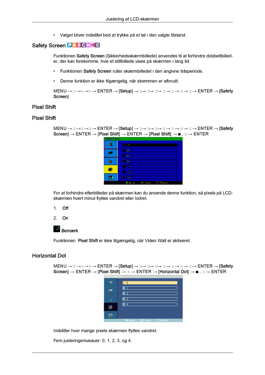 Samsung LH52BPPLBC/EN, LH52BPULBC/EN, LH52BPQLBC/EN, LH52BPTLBC/EN manual Safety Screen, Pixel Shift, Horizontal Dot 