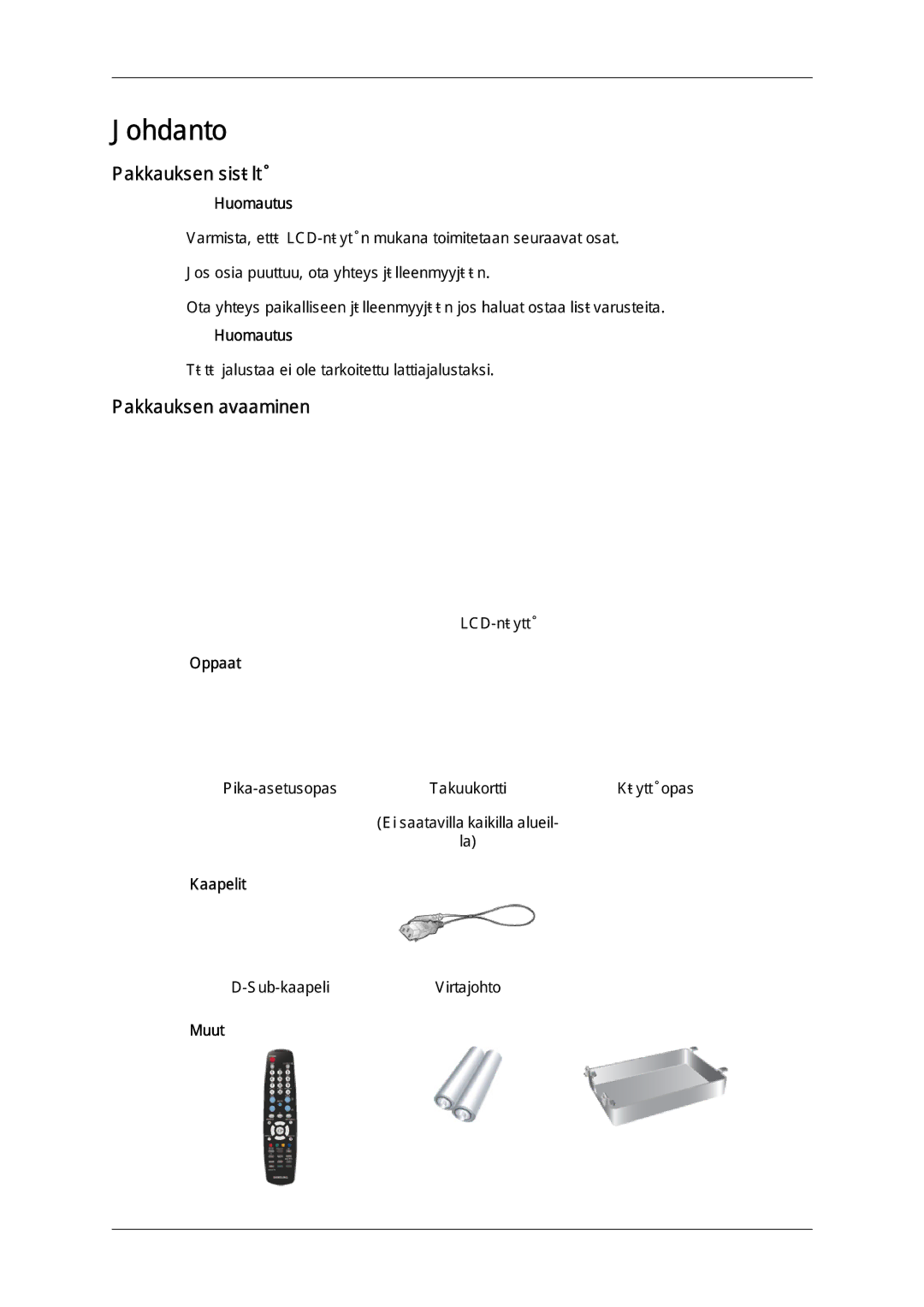 Samsung LH52BPTLBC/EN, LH52BPULBC/EN, LH52BPQLBC/EN manual Pakkauksen sisältö, Pakkauksen avaaminen, Oppaat, Kaapelit, Muut 