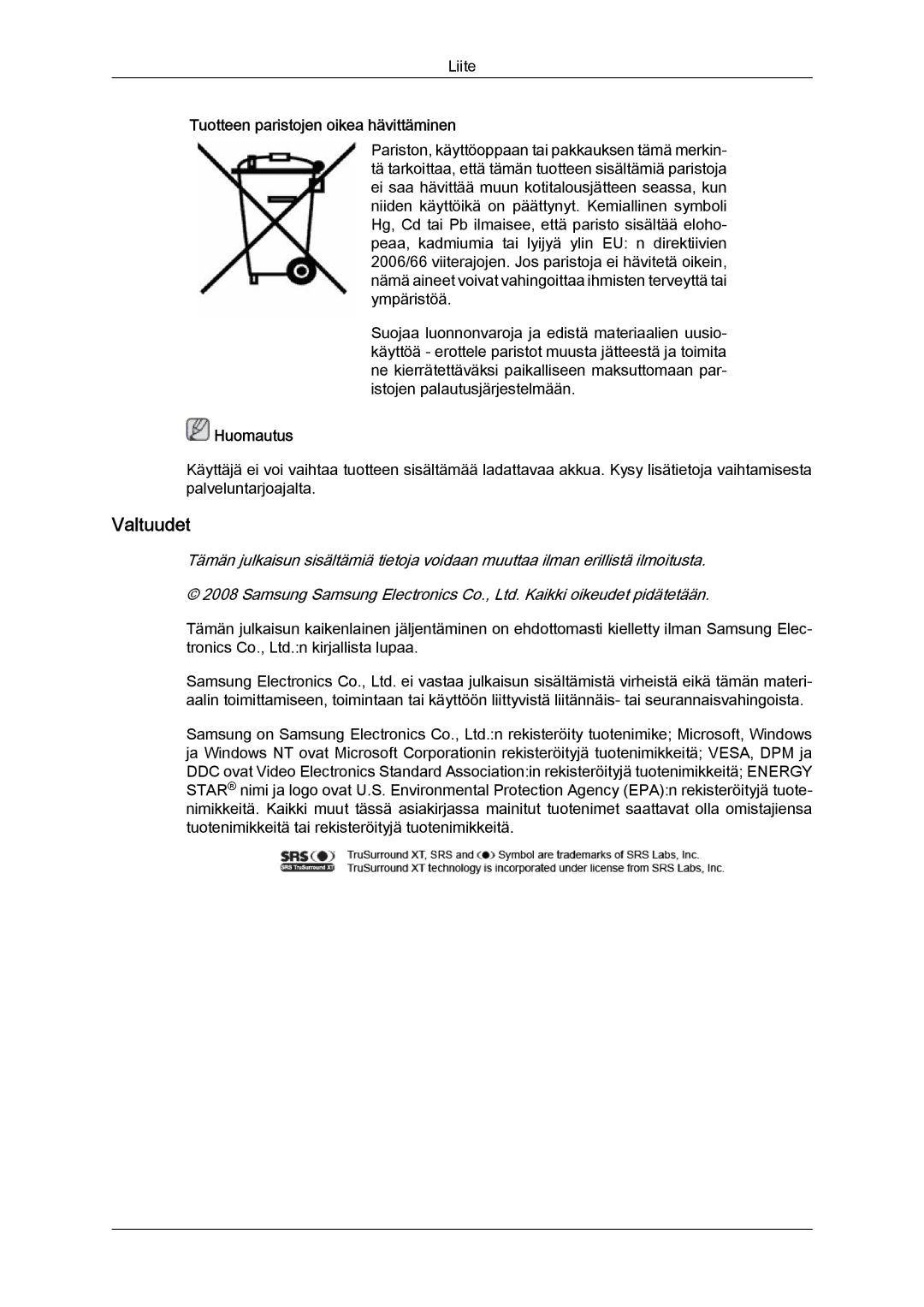 Samsung LH52BPTLBC/EN, LH52BPULBC/EN, LH52BPQLBC/EN, LH52BPPLBC/EN manual Valtuudet, Tuotteen paristojen oikea hävittäminen 