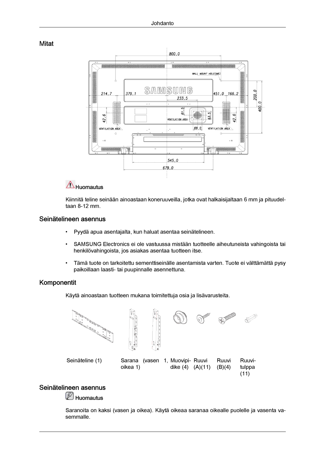 Samsung LH52BPTLBC/EN, LH52BPULBC/EN, LH52BPQLBC/EN, LH52BPPLBC/EN manual Mitat, Seinätelineen asennus, Komponentit 