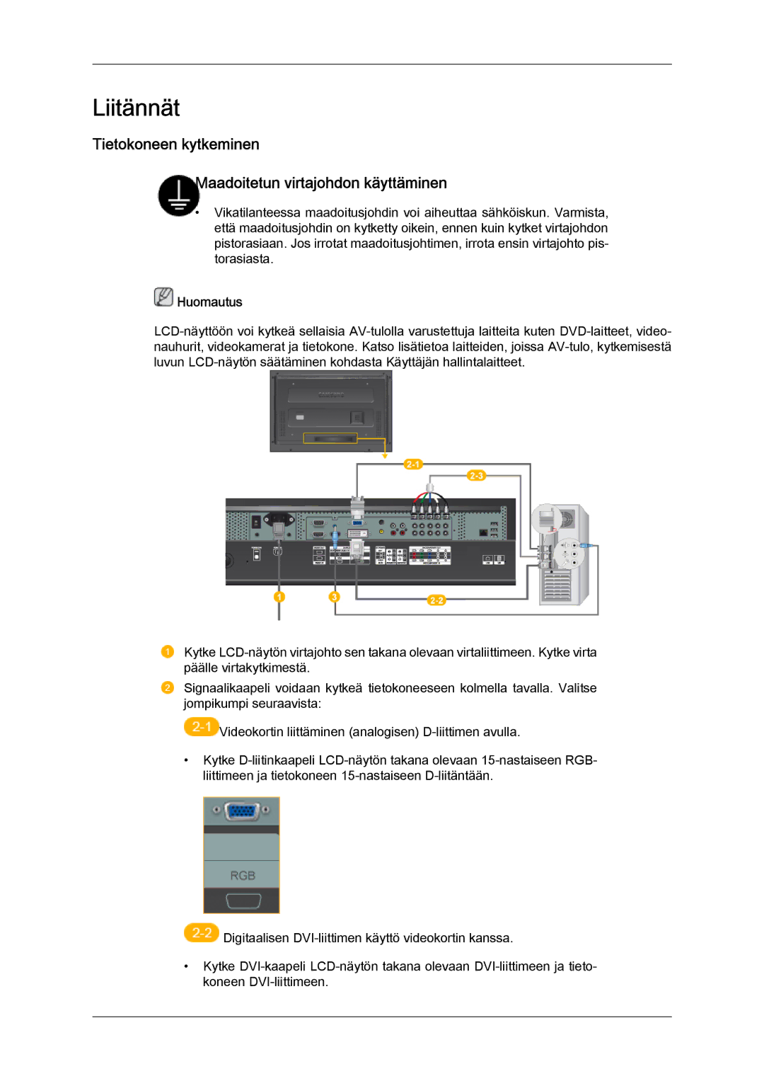 Samsung LH52BPPLBC/EN, LH52BPULBC/EN, LH52BPQLBC/EN Liitännät, Tietokoneen kytkeminen Maadoitetun virtajohdon käyttäminen 