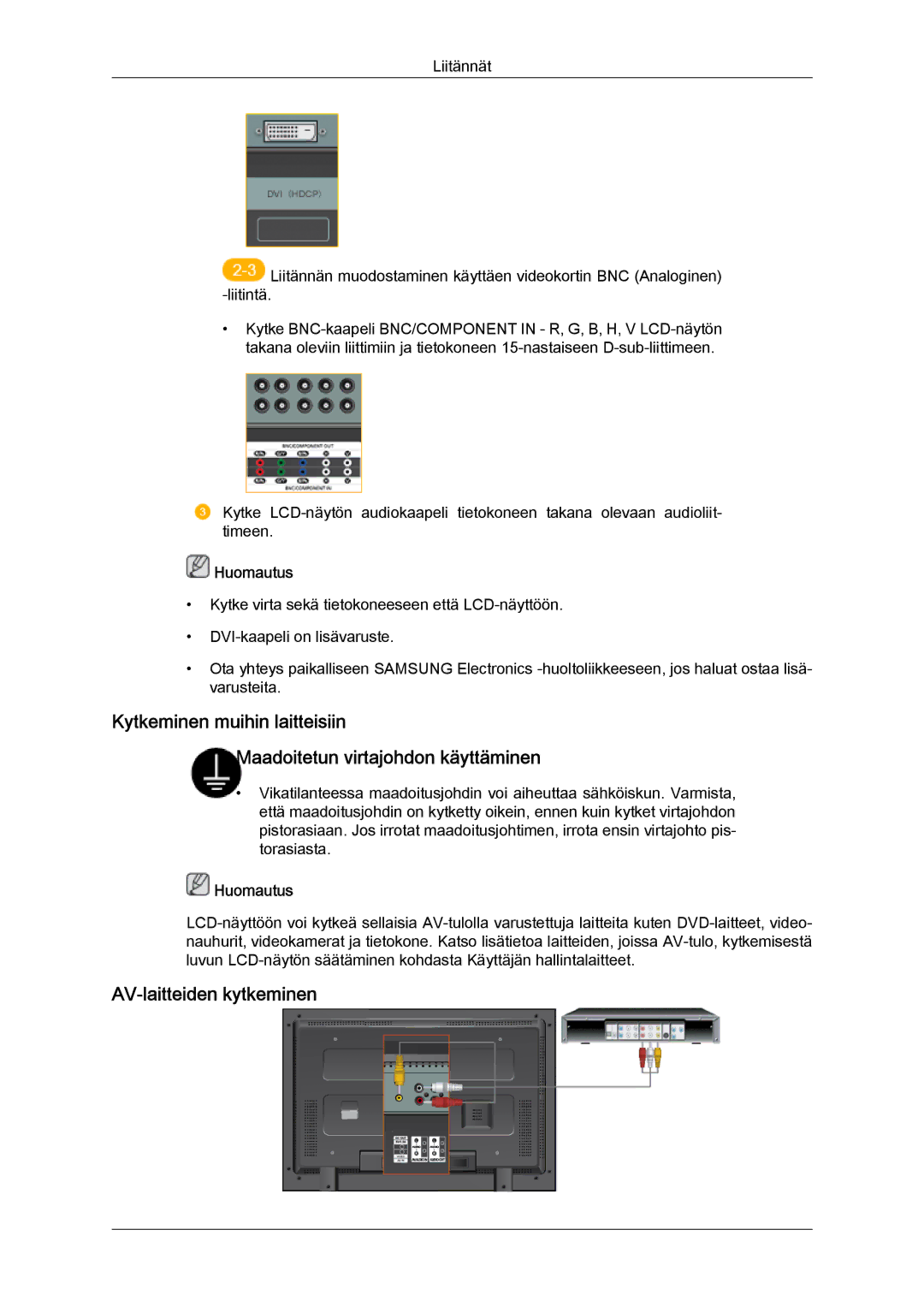 Samsung LH52BPULBC/EN, LH52BPQLBC/EN, LH52BPTLBC/EN, LH52BPPLBC/EN manual AV-laitteiden kytkeminen 