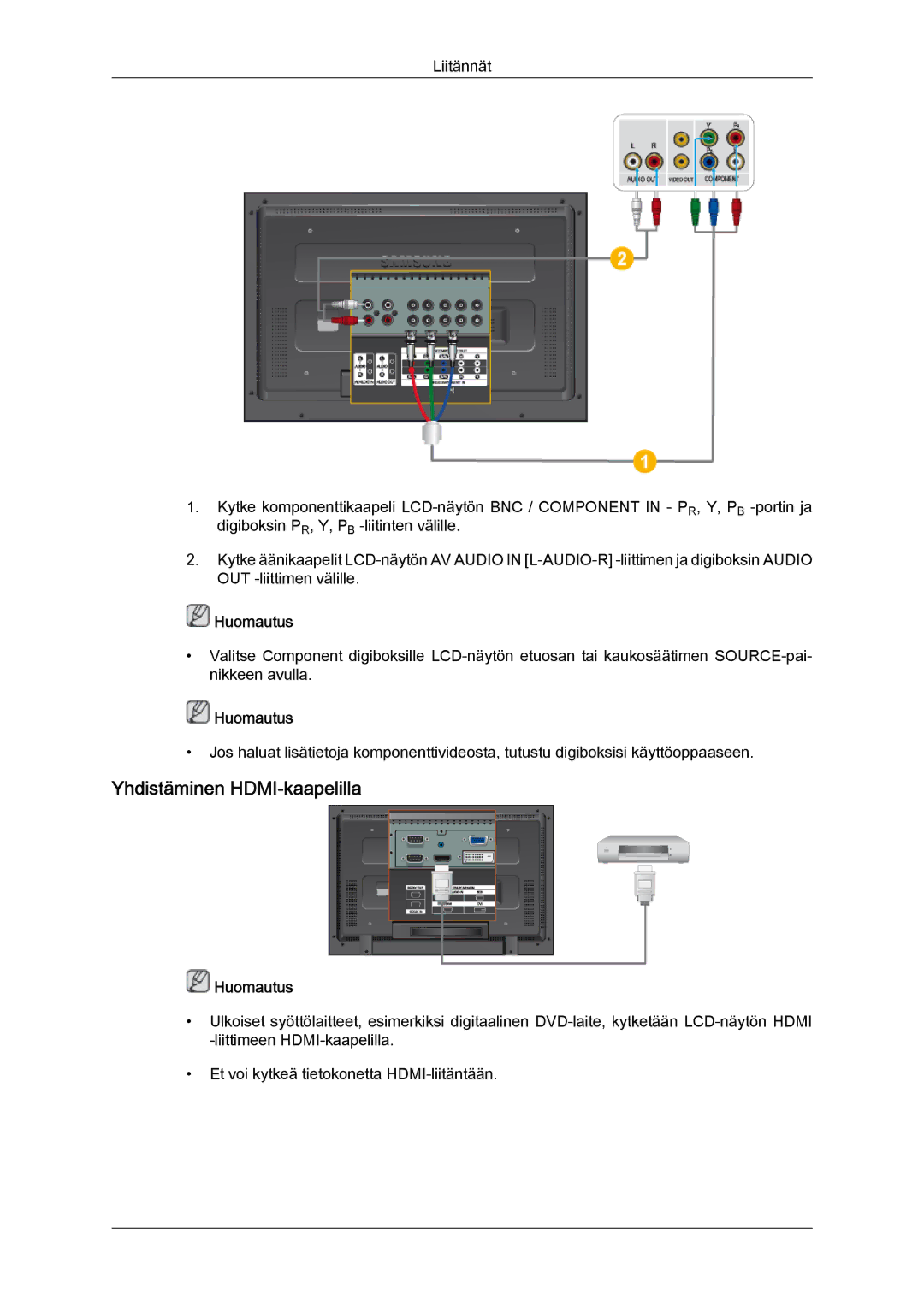 Samsung LH52BPPLBC/EN, LH52BPULBC/EN, LH52BPQLBC/EN, LH52BPTLBC/EN manual Yhdistäminen HDMI-kaapelilla 