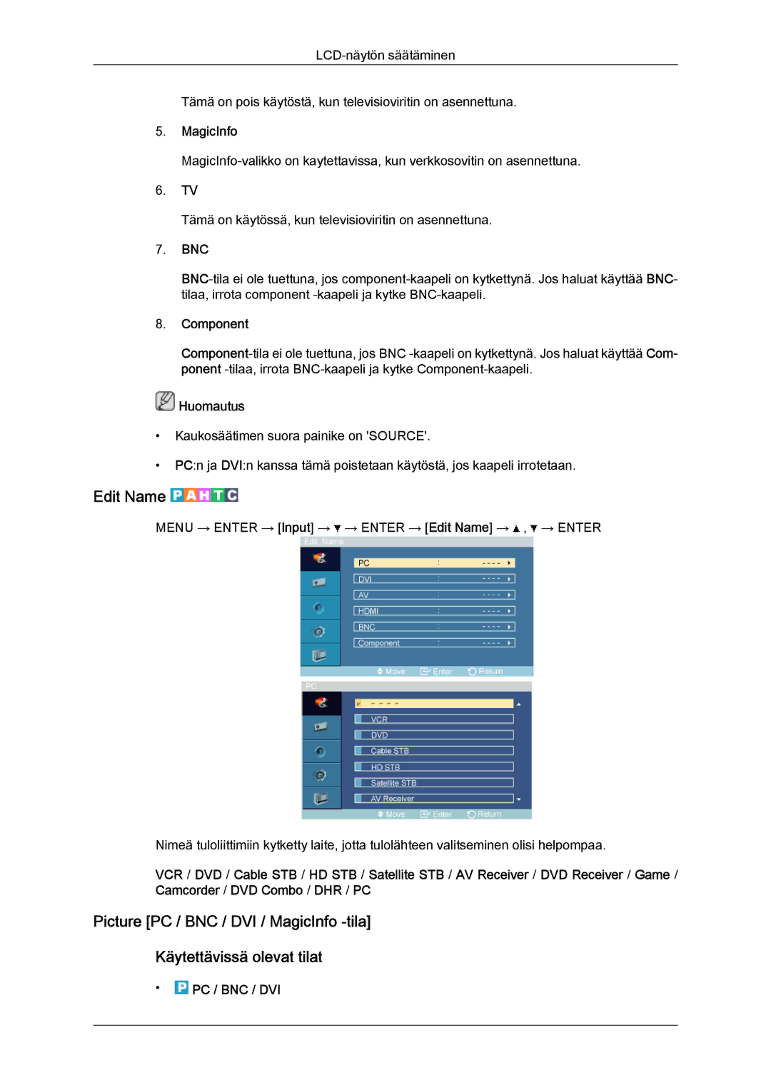 Samsung LH52BPTLBC/EN, LH52BPULBC/EN, LH52BPQLBC/EN, LH52BPPLBC/EN manual Edit Name, MagicInfo, Bnc 