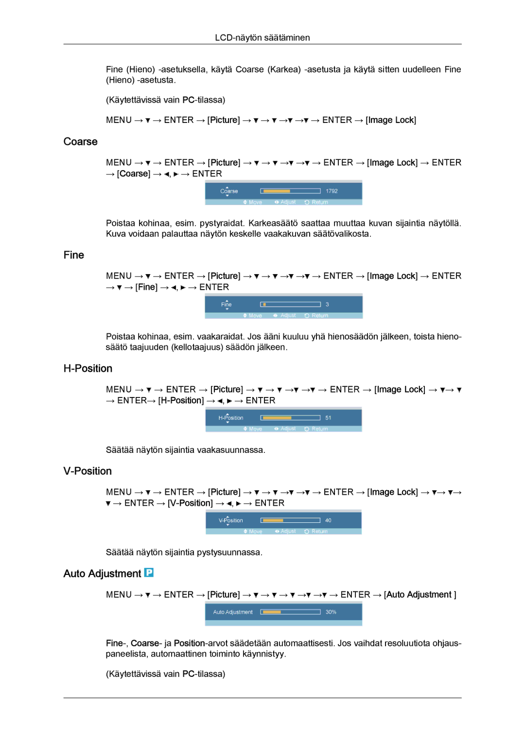 Samsung LH52BPTLBC/EN, LH52BPULBC/EN, LH52BPQLBC/EN, LH52BPPLBC/EN manual Coarse, Fine, Position, Auto Adjustment 