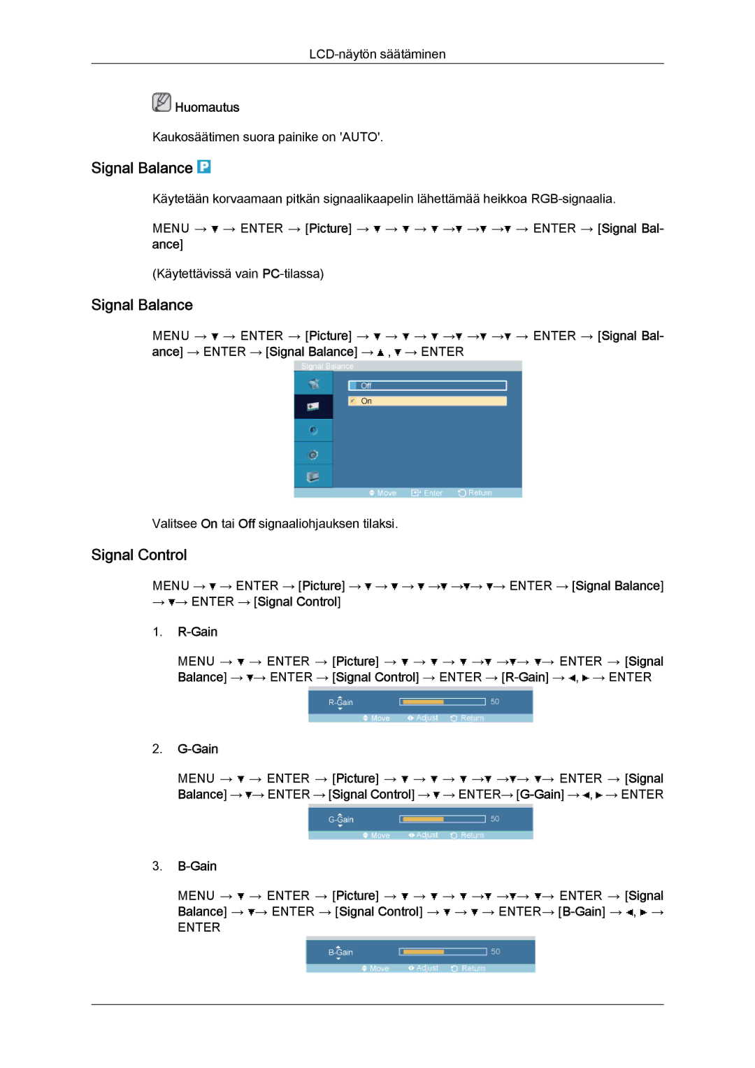 Samsung LH52BPPLBC/EN, LH52BPULBC/EN, LH52BPQLBC/EN, LH52BPTLBC/EN manual Signal Balance, → → Enter → Signal Control Gain 