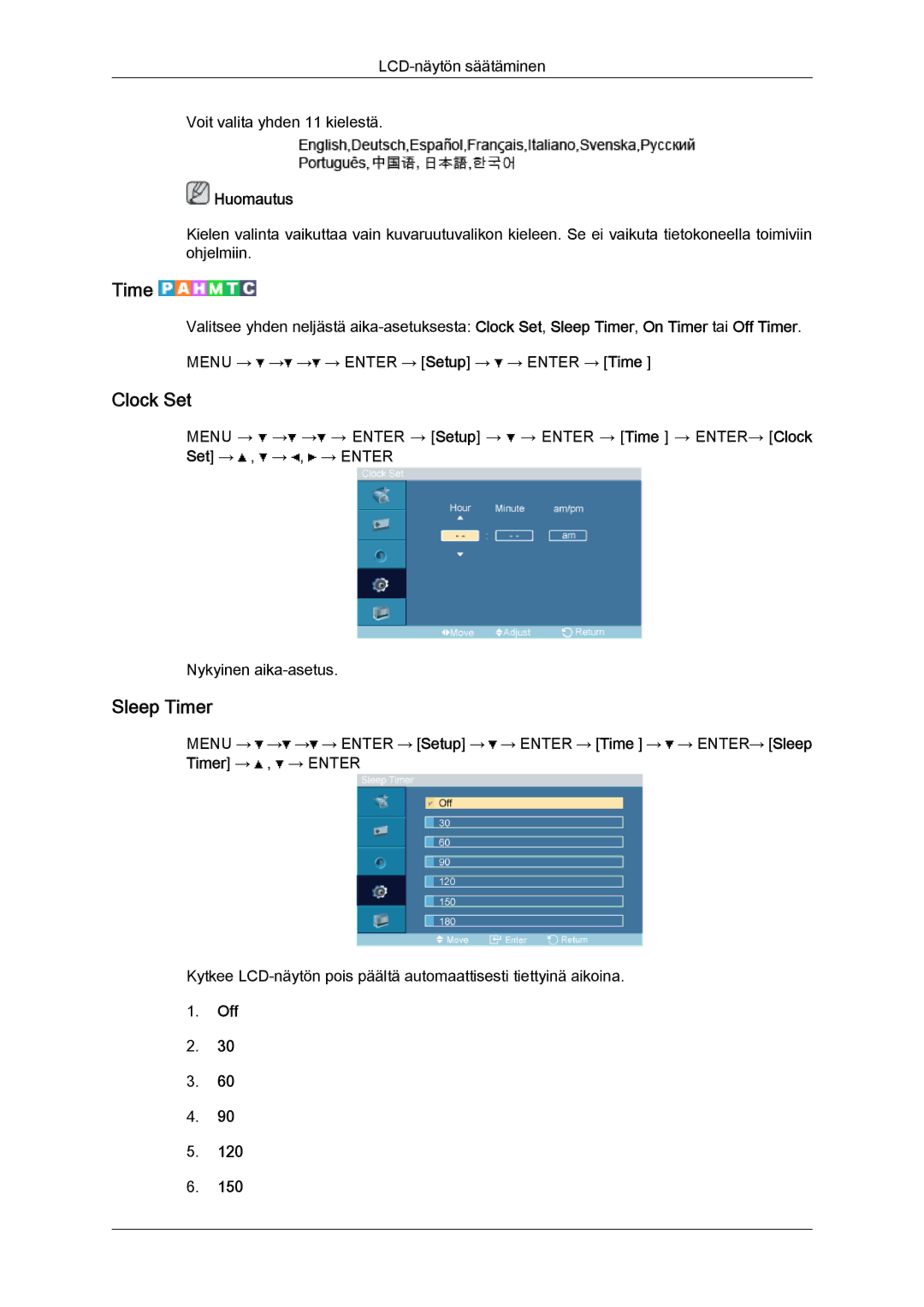 Samsung LH52BPQLBC/EN, LH52BPULBC/EN, LH52BPTLBC/EN, LH52BPPLBC/EN manual Clock Set, Sleep Timer 