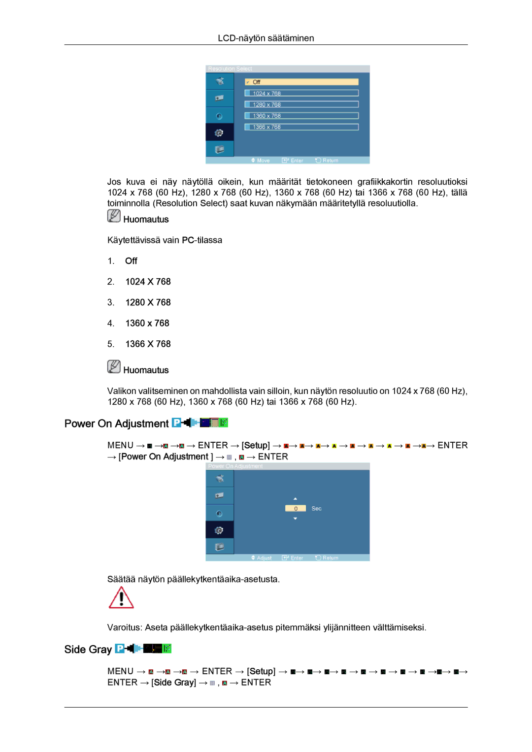 Samsung LH52BPTLBC/EN, LH52BPULBC/EN manual Power On Adjustment, Side Gray, Off 1024 X 1280 X 1360 x 1366 X Huomautus 