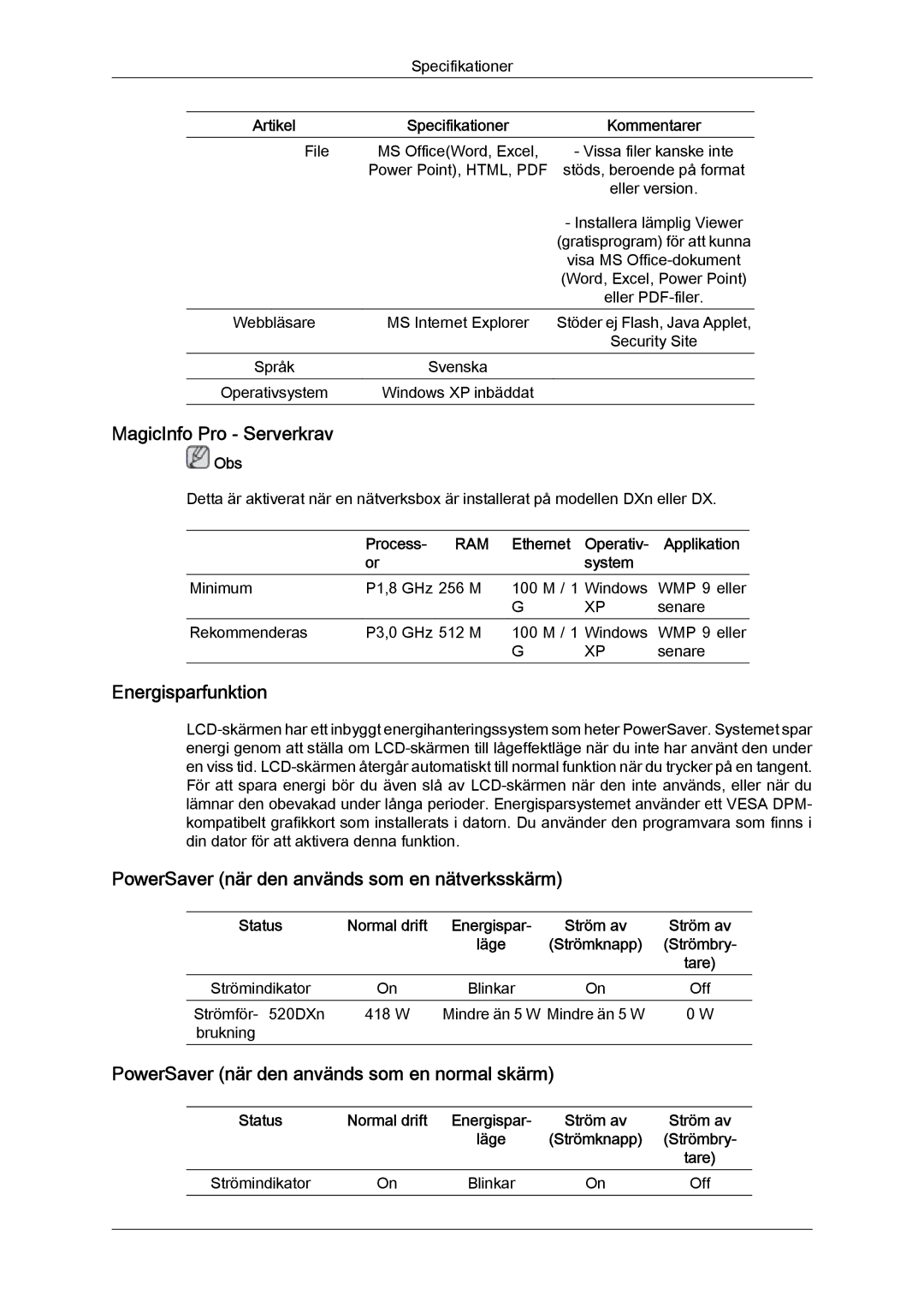 Samsung LH52BPTLBC/EN manual MagicInfo Pro Serverkrav, Energisparfunktion, PowerSaver när den används som en nätverksskärm 