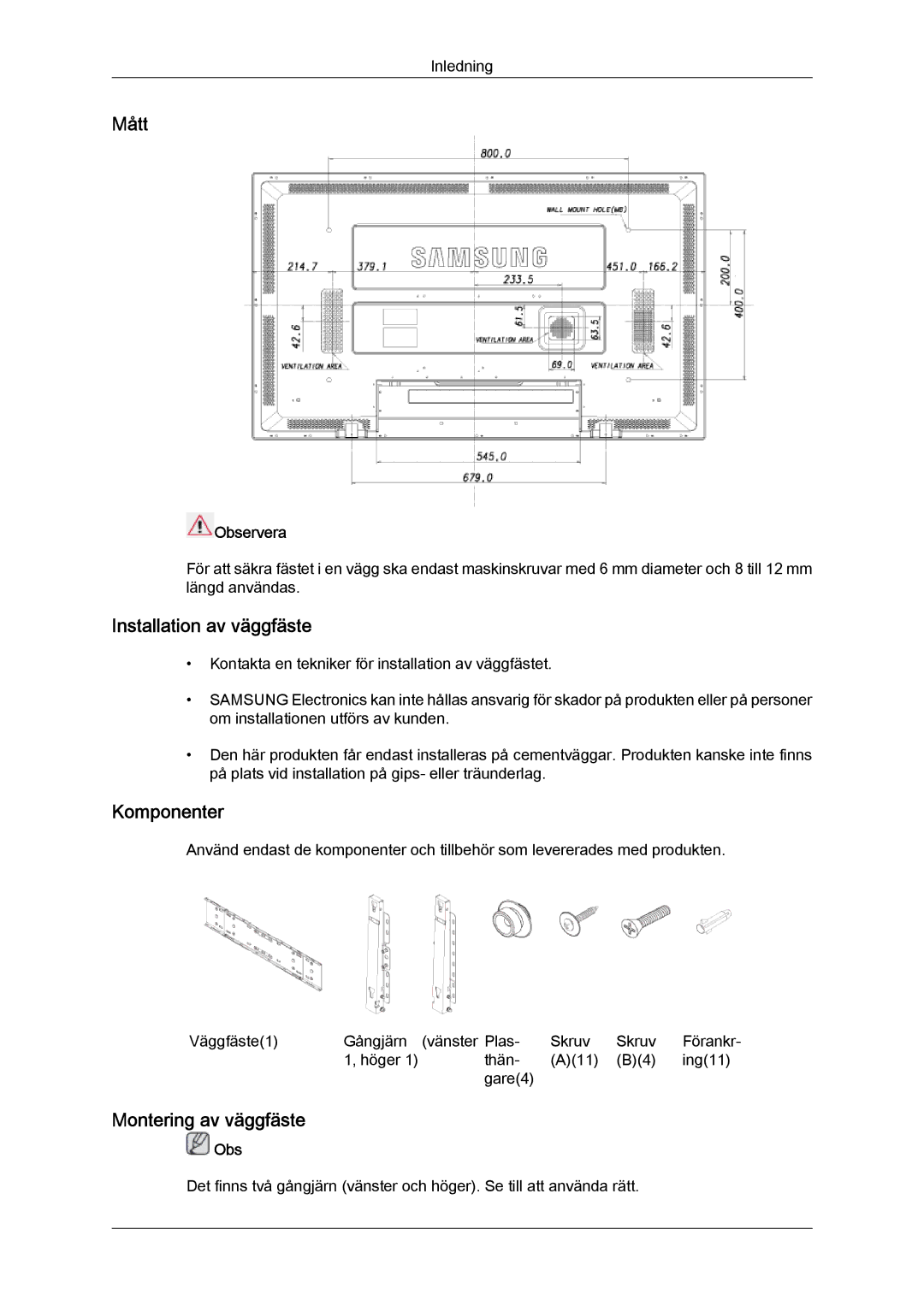 Samsung LH52BPTLBC/EN, LH52BPULBC/EN manual Mått, Installation av väggfäste, Komponenter, Montering av väggfäste, Observera 