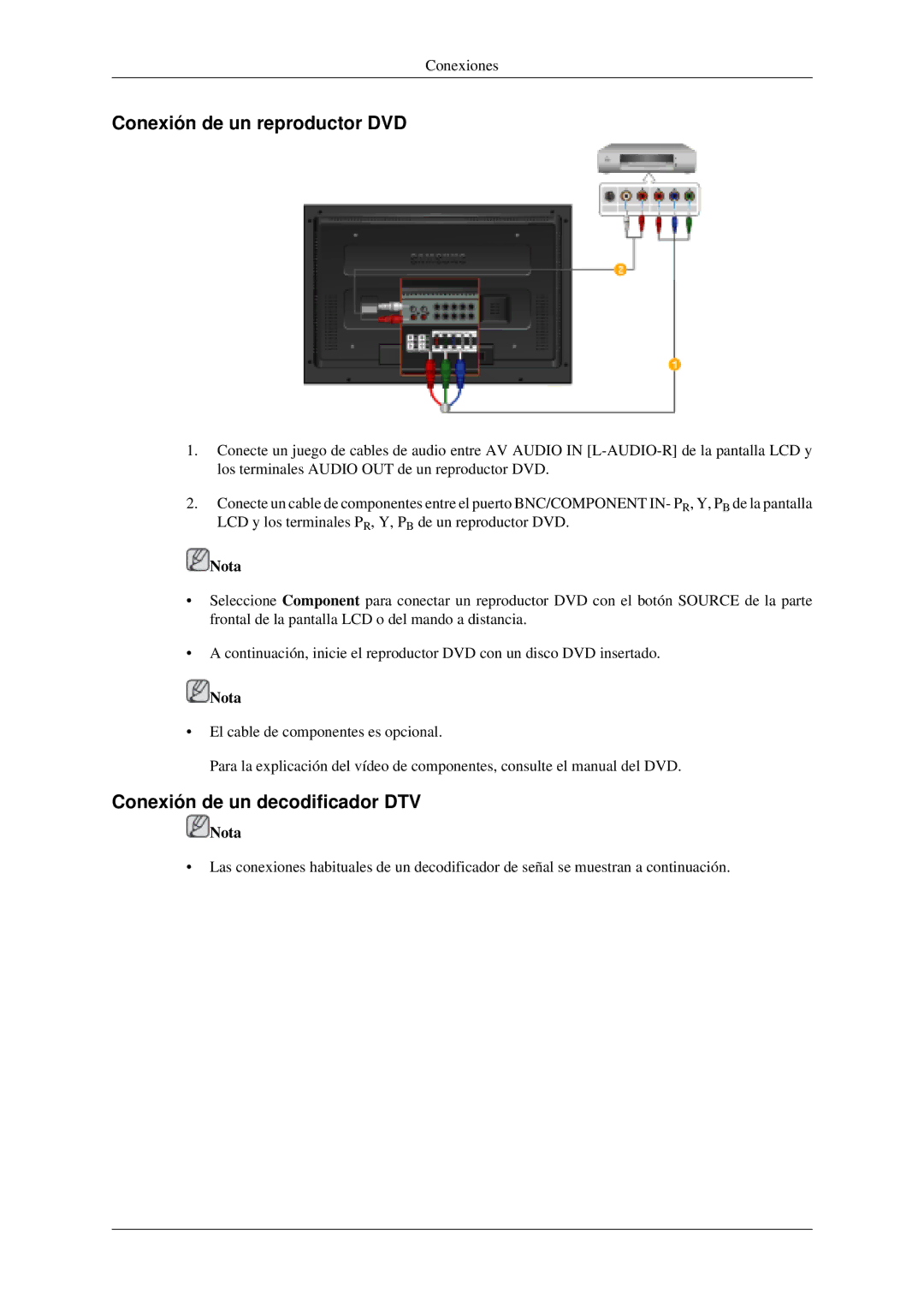 Samsung LH52BPQLBC/EN, LH52BPULBC/EN, PH42KPPLBC/EN manual Conexión de un reproductor DVD, Conexión de un decodificador DTV 