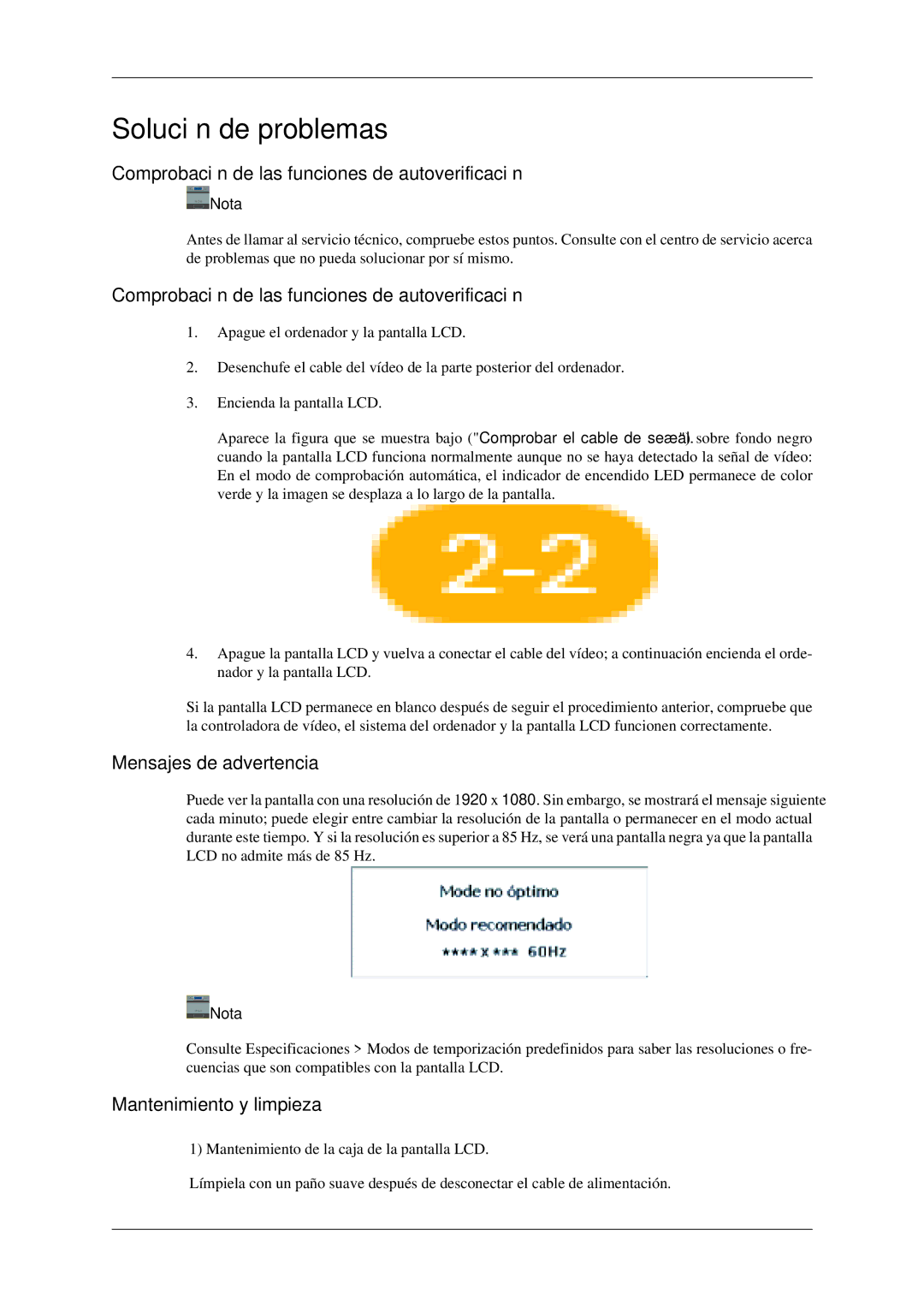 Samsung LH52BPULBC/EN Comprobación de las funciones de autoverificación, Mensajes de advertencia, Mantenimiento y limpieza 