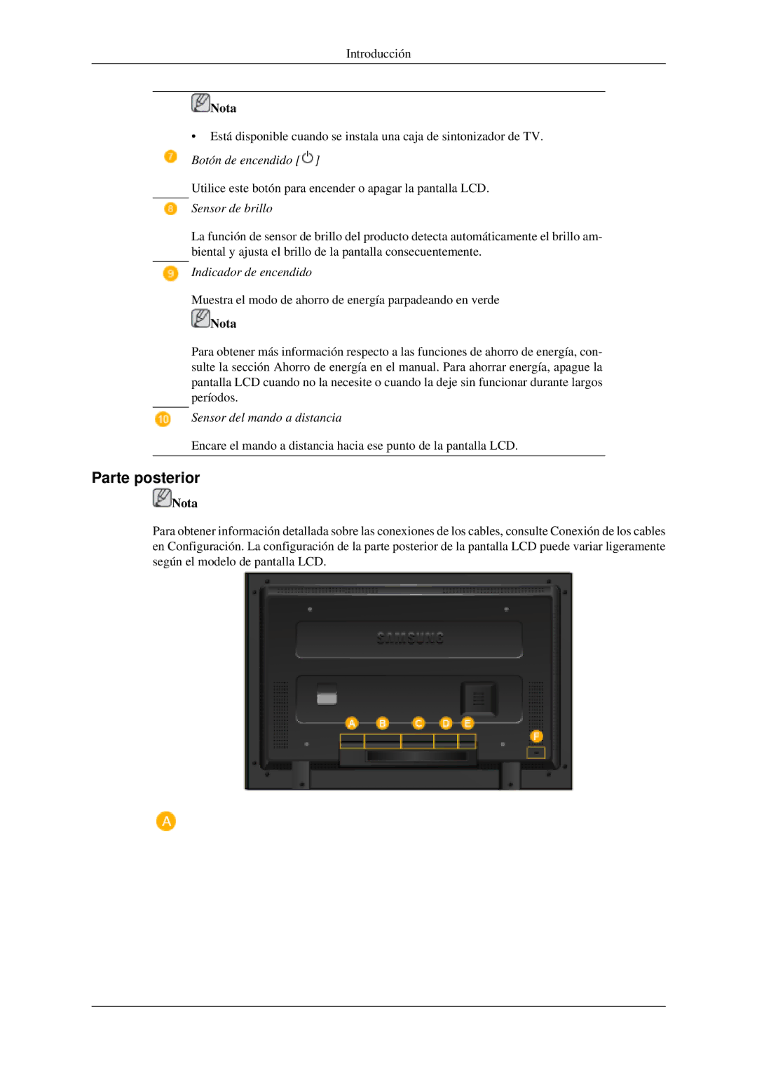 Samsung LH52BPULBC/EN, LH52BPQLBC/EN, PH42KPPLBC/EN, LH52BPTLBC/EN, LH52BPPLBC/EN manual Parte posterior, Sensor de brillo 